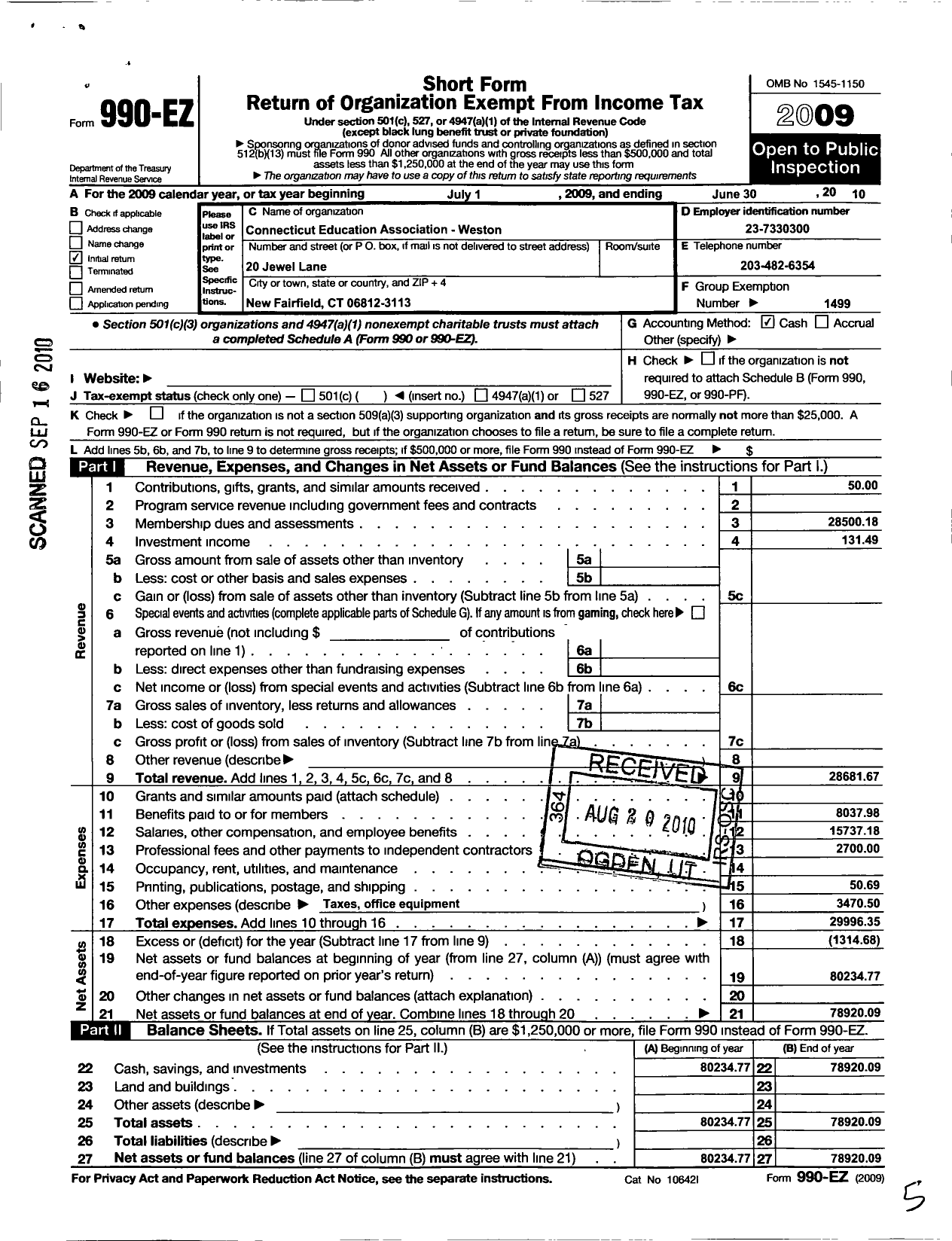 Image of first page of 2009 Form 990EO for Connecticut Education Association - Weston