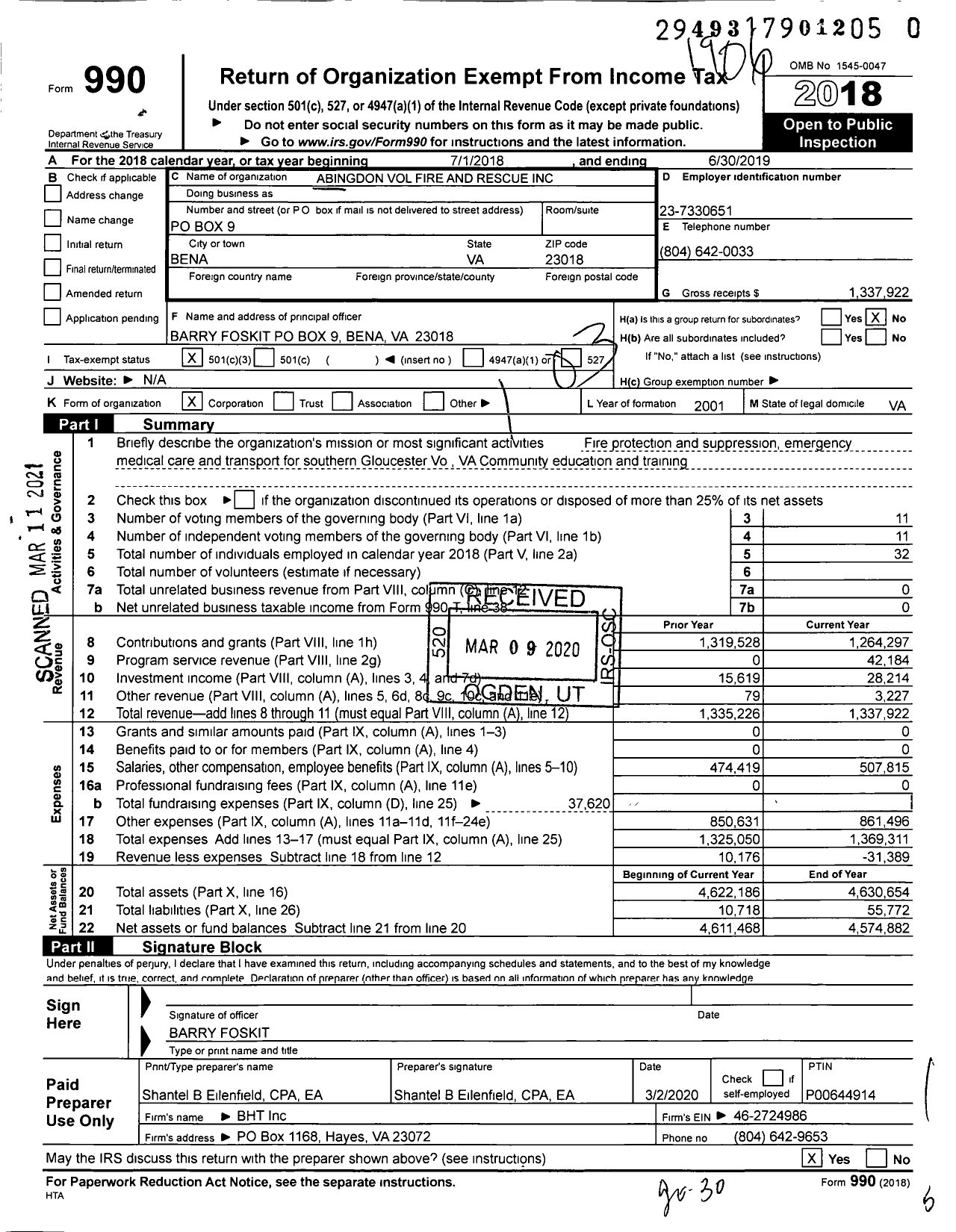 Image of first page of 2018 Form 990 for Abingdon Volunteer Fire and Rescue