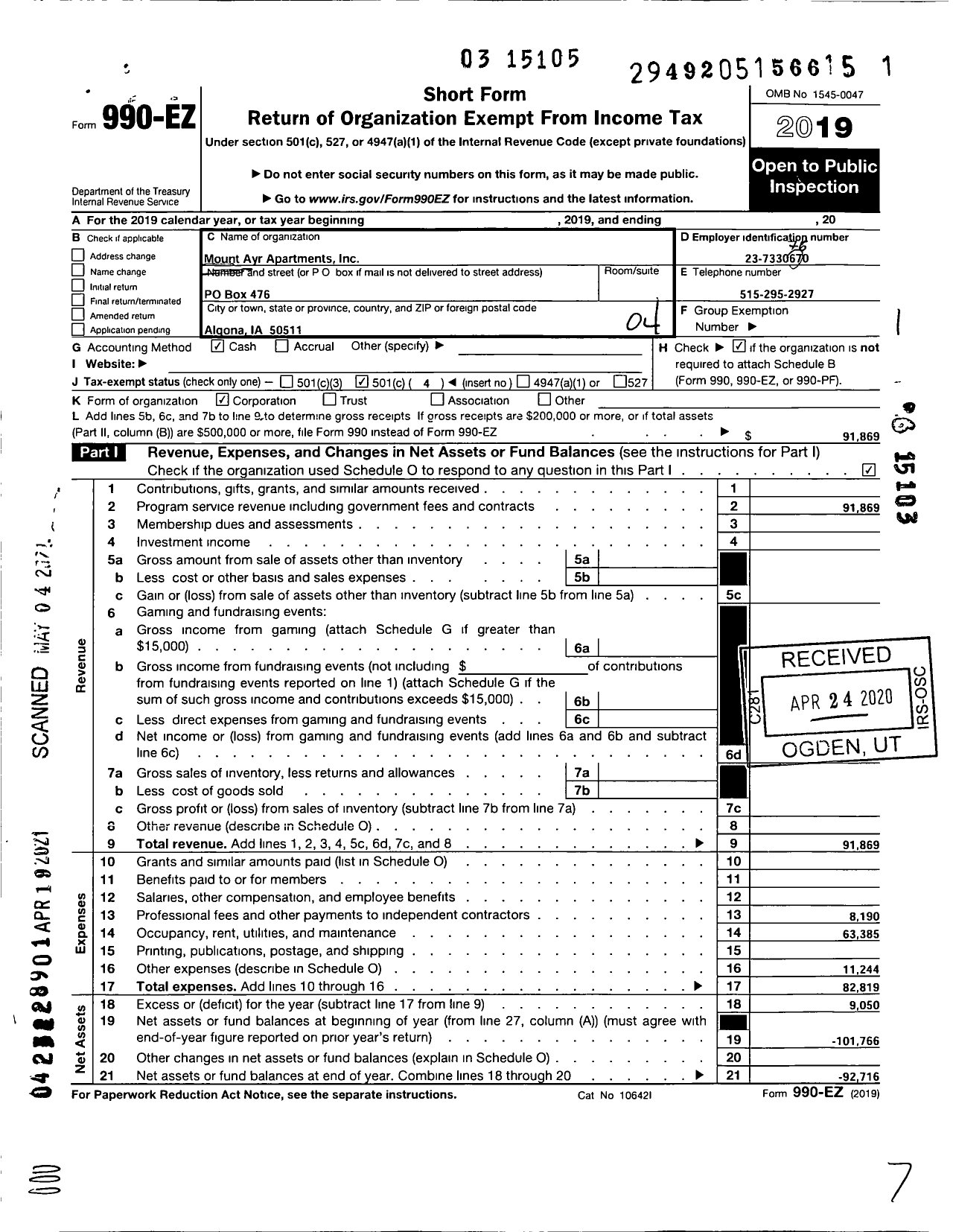 Image of first page of 2019 Form 990EO for Mount Ayr Manor