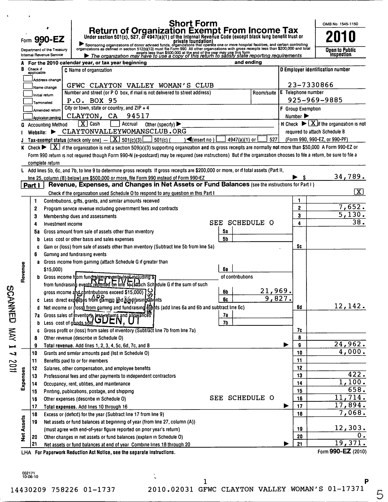 Image of first page of 2010 Form 990EZ for California Federation of Women's Clubs - GFWC Clayton Valley Womans Club