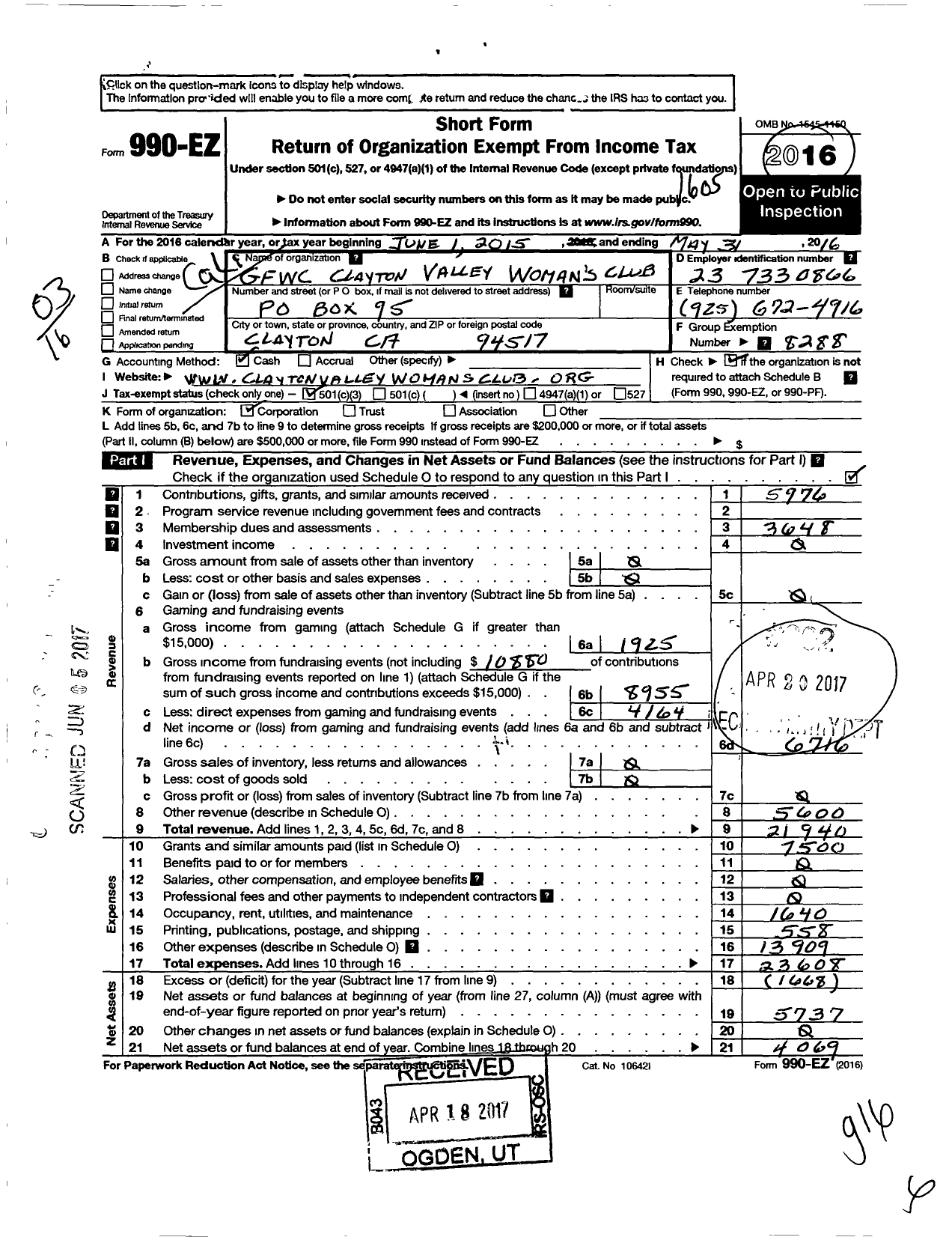 Image of first page of 2015 Form 990EZ for California Federation of Women's Clubs - GFWC Clayton Valley Womans Club