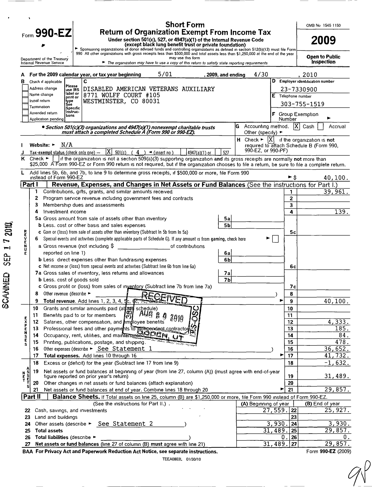 Image of first page of 2009 Form 990EO for Disabled American Veterans Auxiliary - Dept of Colorado