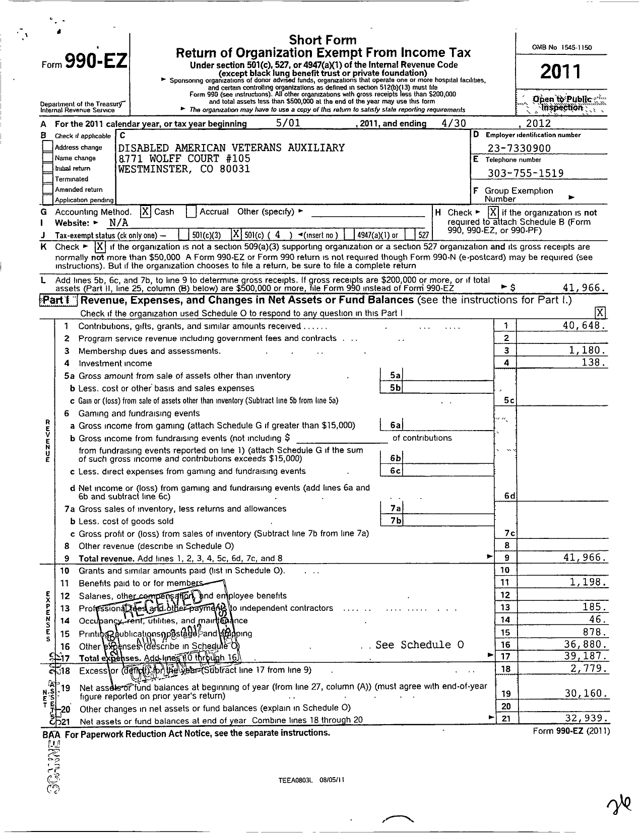 Image of first page of 2011 Form 990EO for Disabled American Veterans Auxiliary - Dept of Colorado