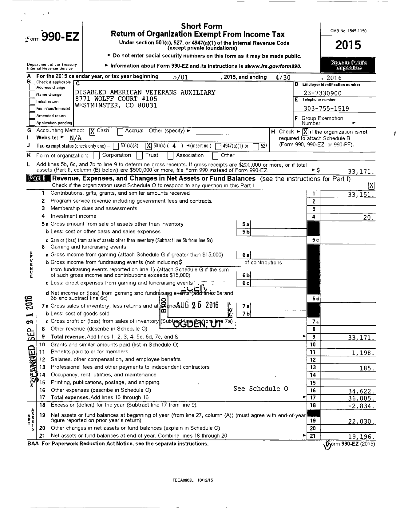 Image of first page of 2015 Form 990EO for Disabled American Veterans Auxiliary - Dept of Colorado