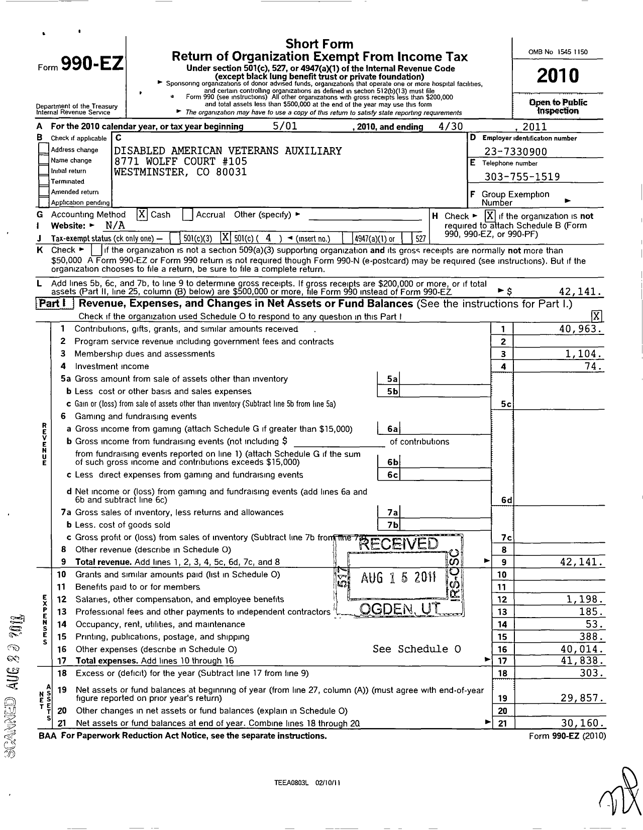 Image of first page of 2010 Form 990EO for Disabled American Veterans Auxiliary - Dept of Colorado