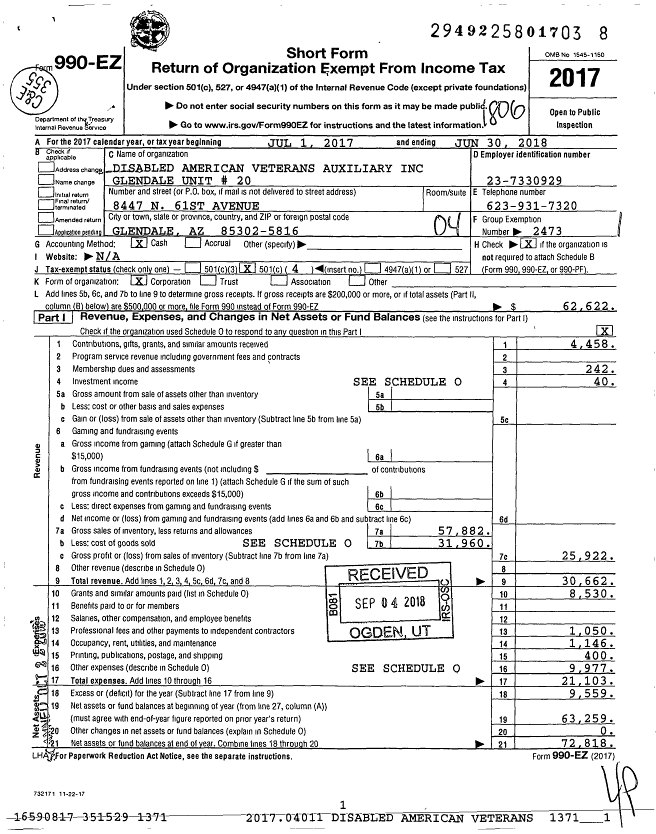 Image of first page of 2017 Form 990EO for Disabled American Veterans Auxiliary Glendale Unit 20