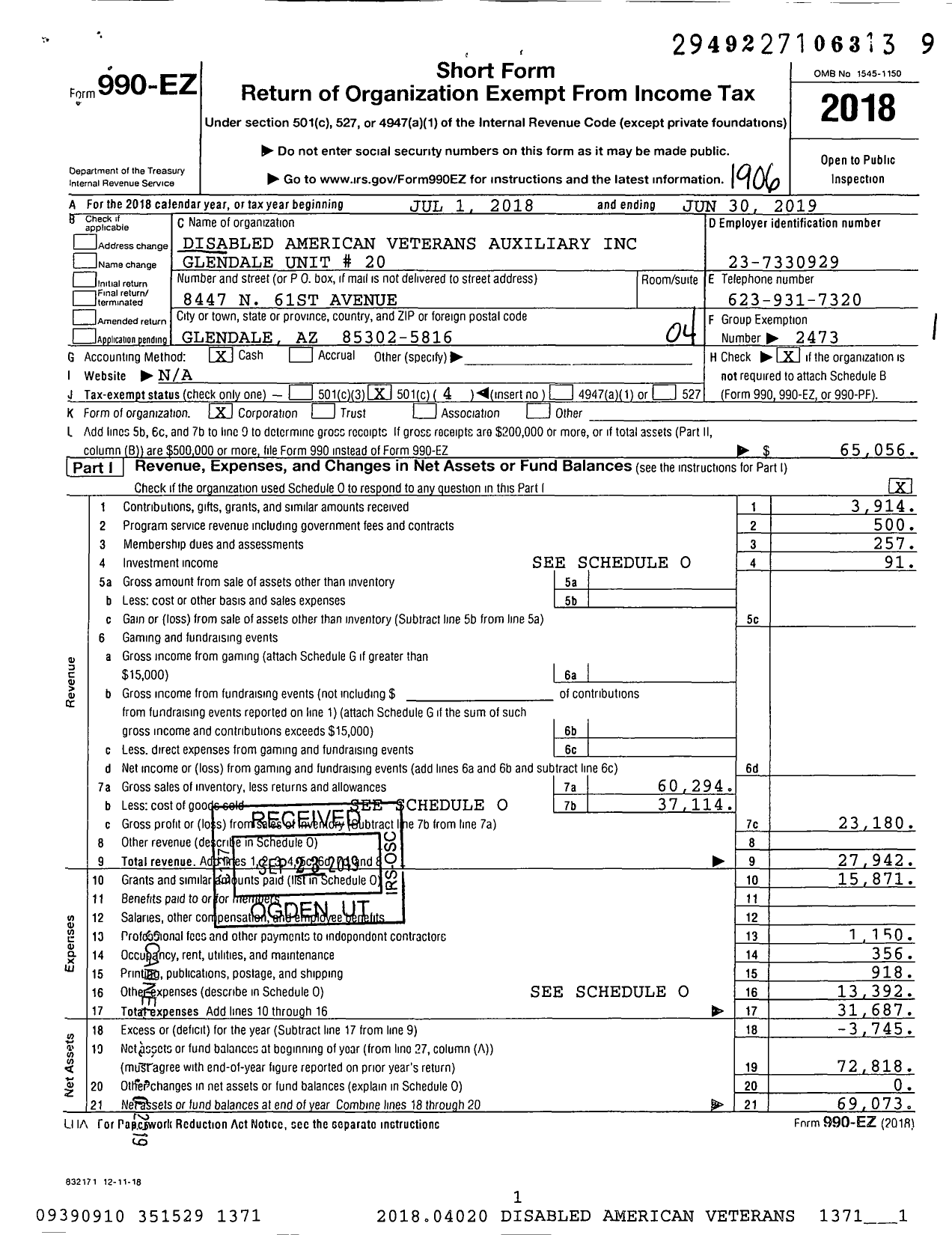 Image of first page of 2018 Form 990EO for Disabled American Veterans Auxiliary Glendale Unit 20