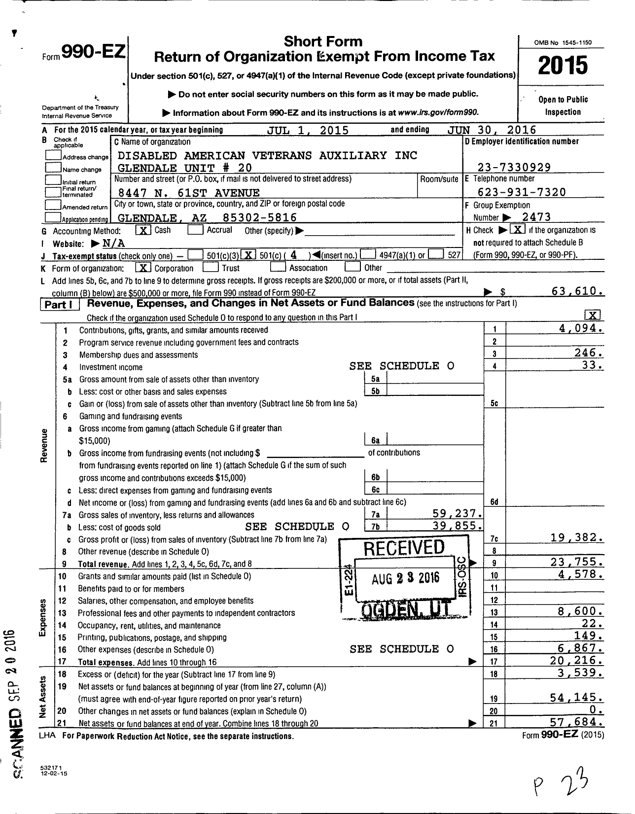 Image of first page of 2015 Form 990EO for Disabled American Veterans Auxiliary Glendale Unit 20