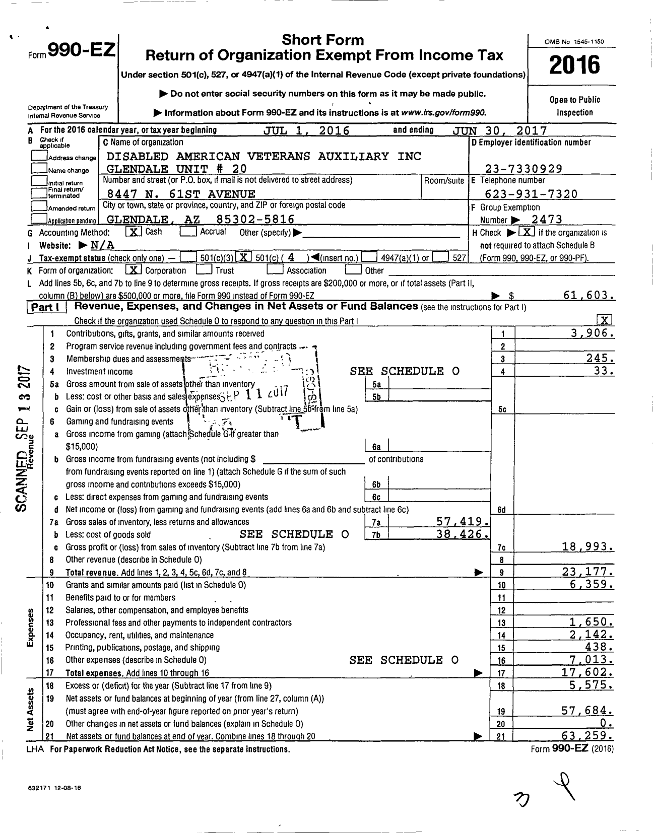 Image of first page of 2016 Form 990EO for Disabled American Veterans Auxiliary Glendale Unit 20