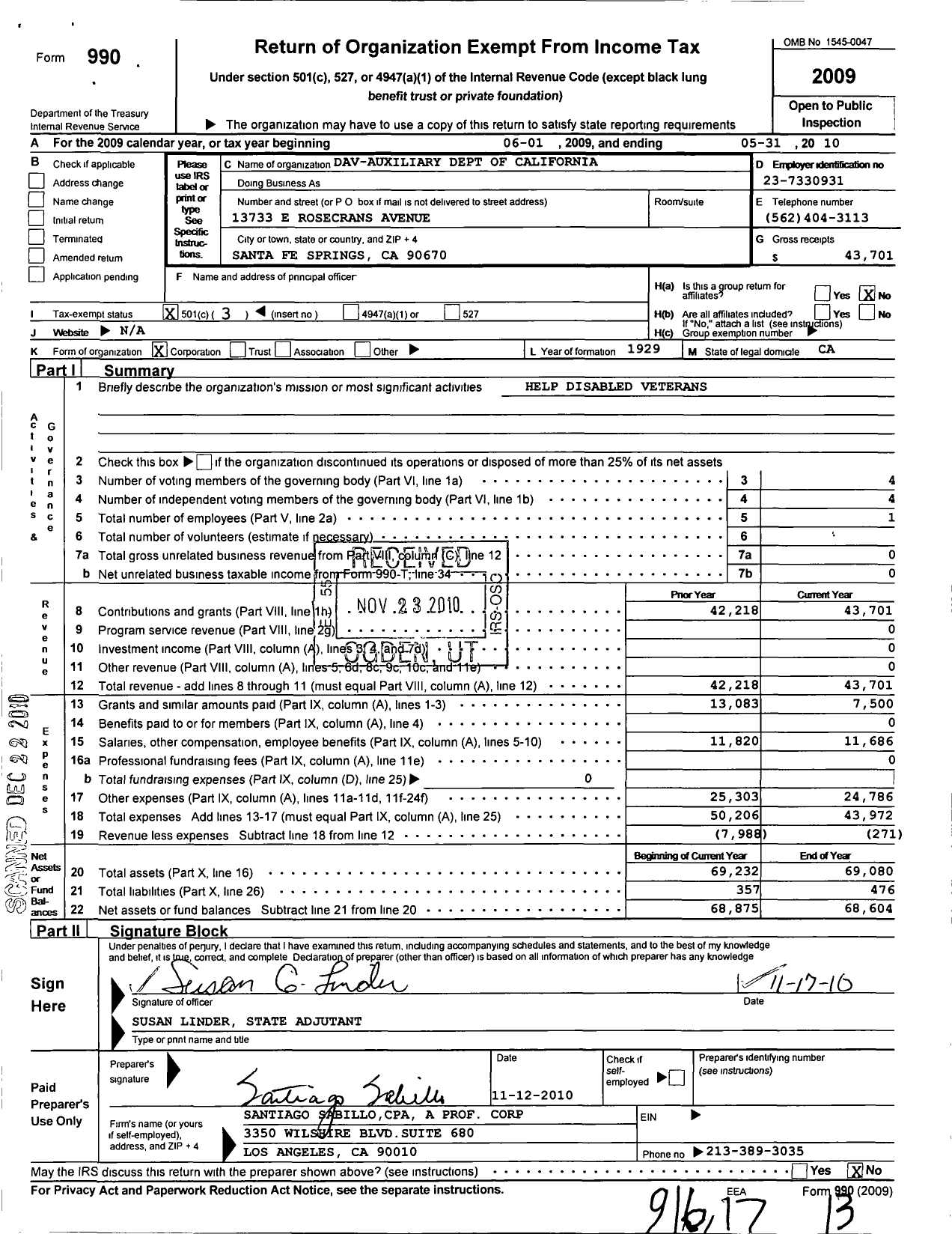 Image of first page of 2009 Form 990 for Disabled American Veterans Auxiliary - Dept of California