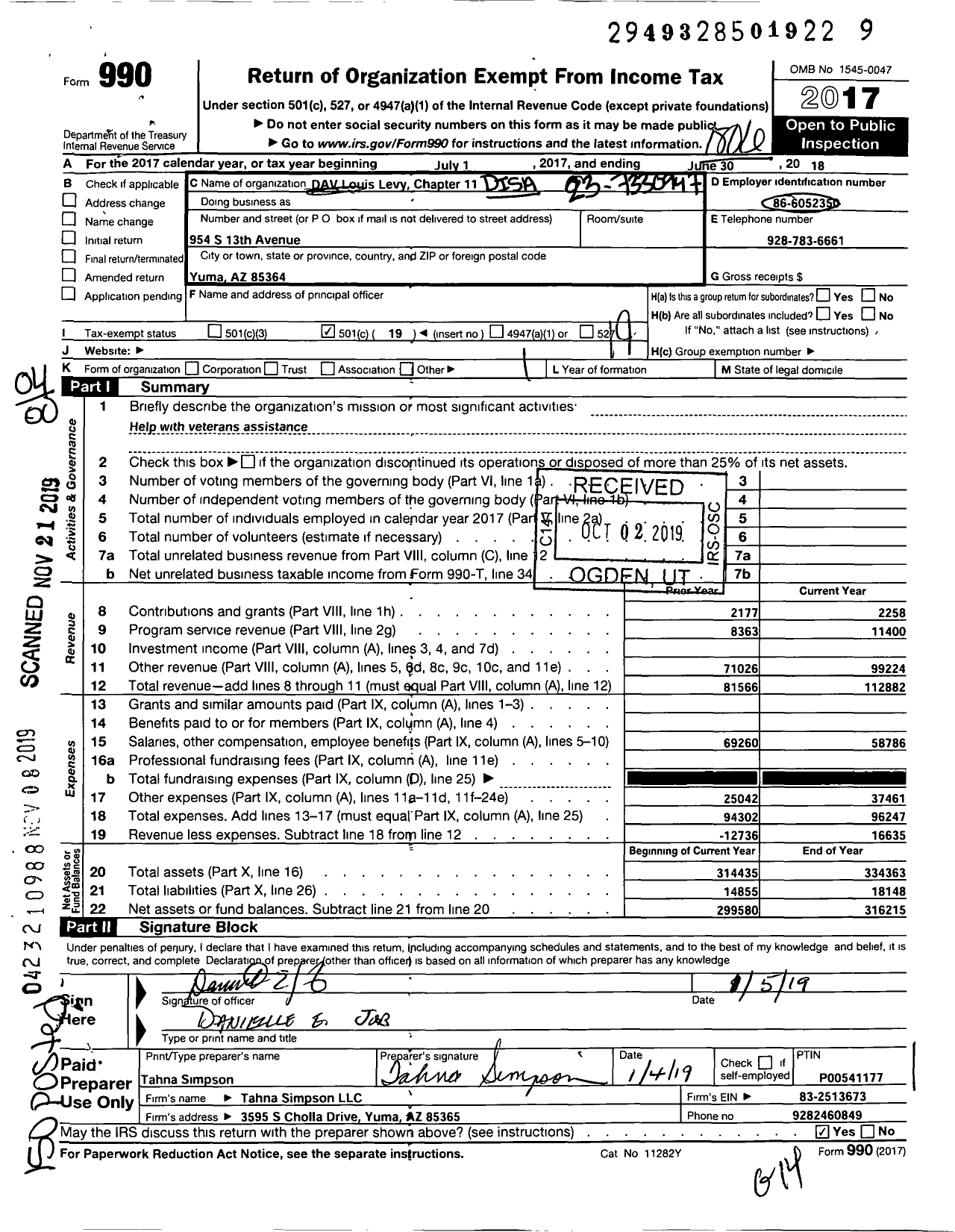 Image of first page of 2017 Form 990O for Disabled American Veterans Auxiliary