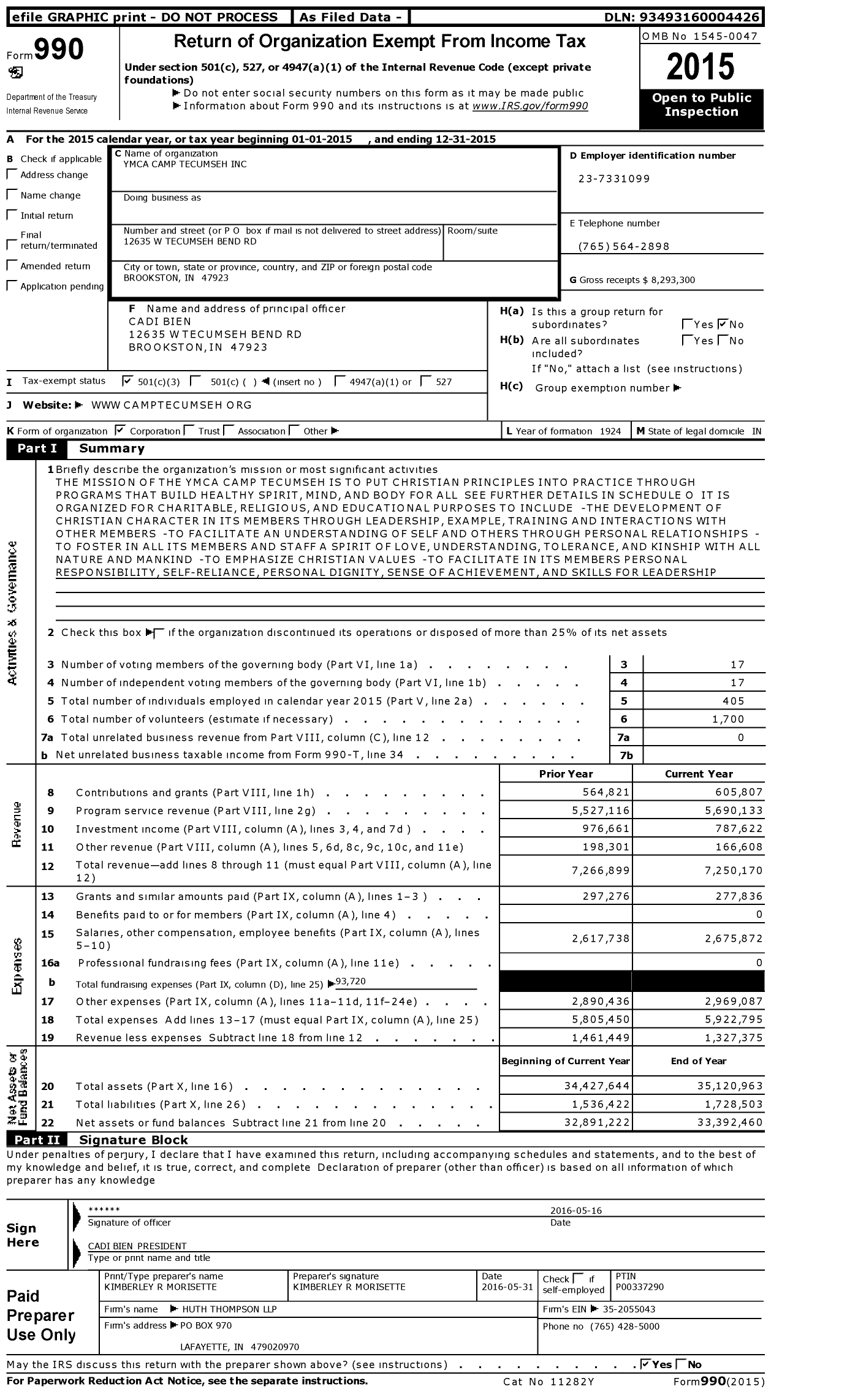Image of first page of 2015 Form 990 for YMCA Camp Tecumseh