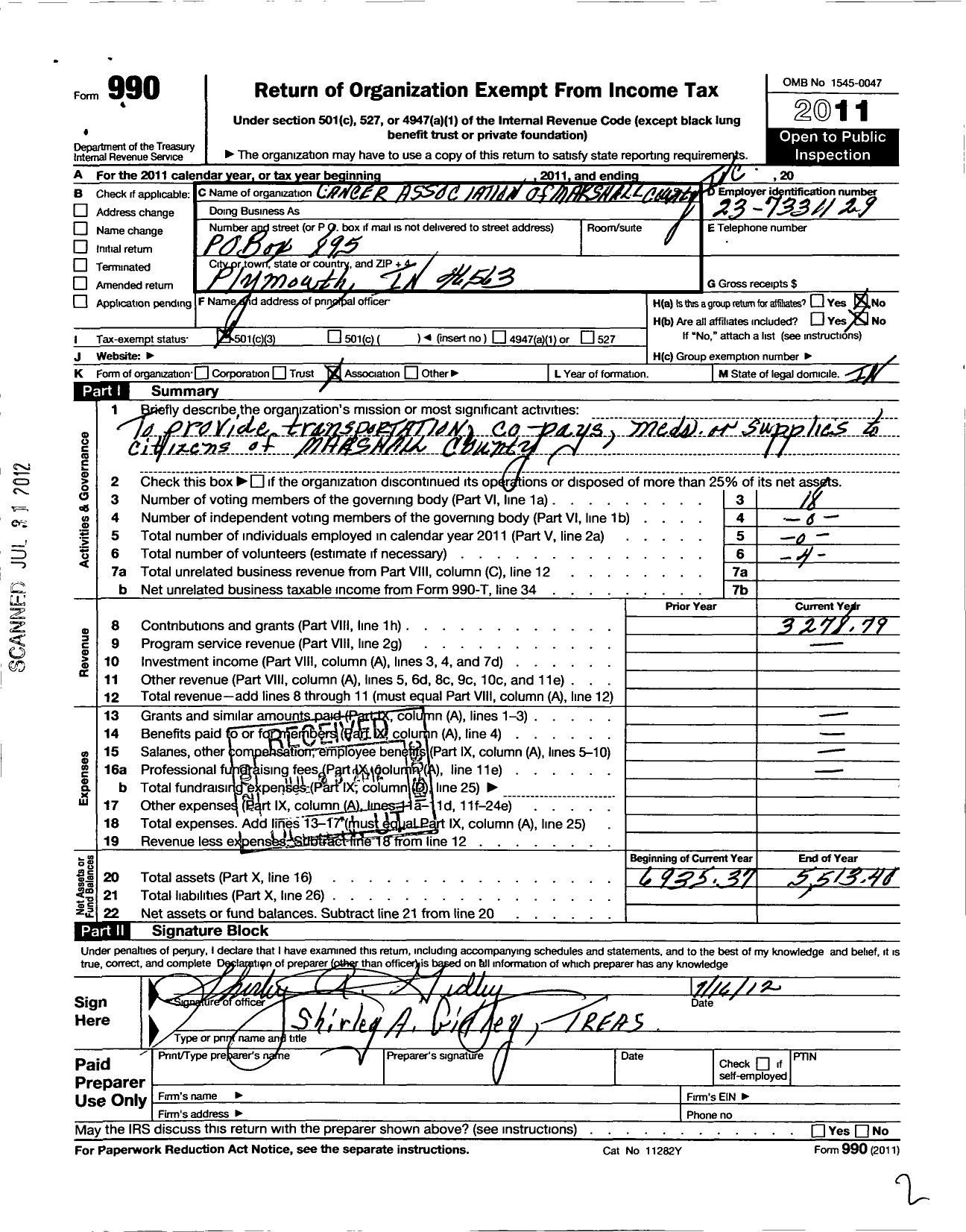 Image of first page of 2011 Form 990 for Cancer Association of Marshall County