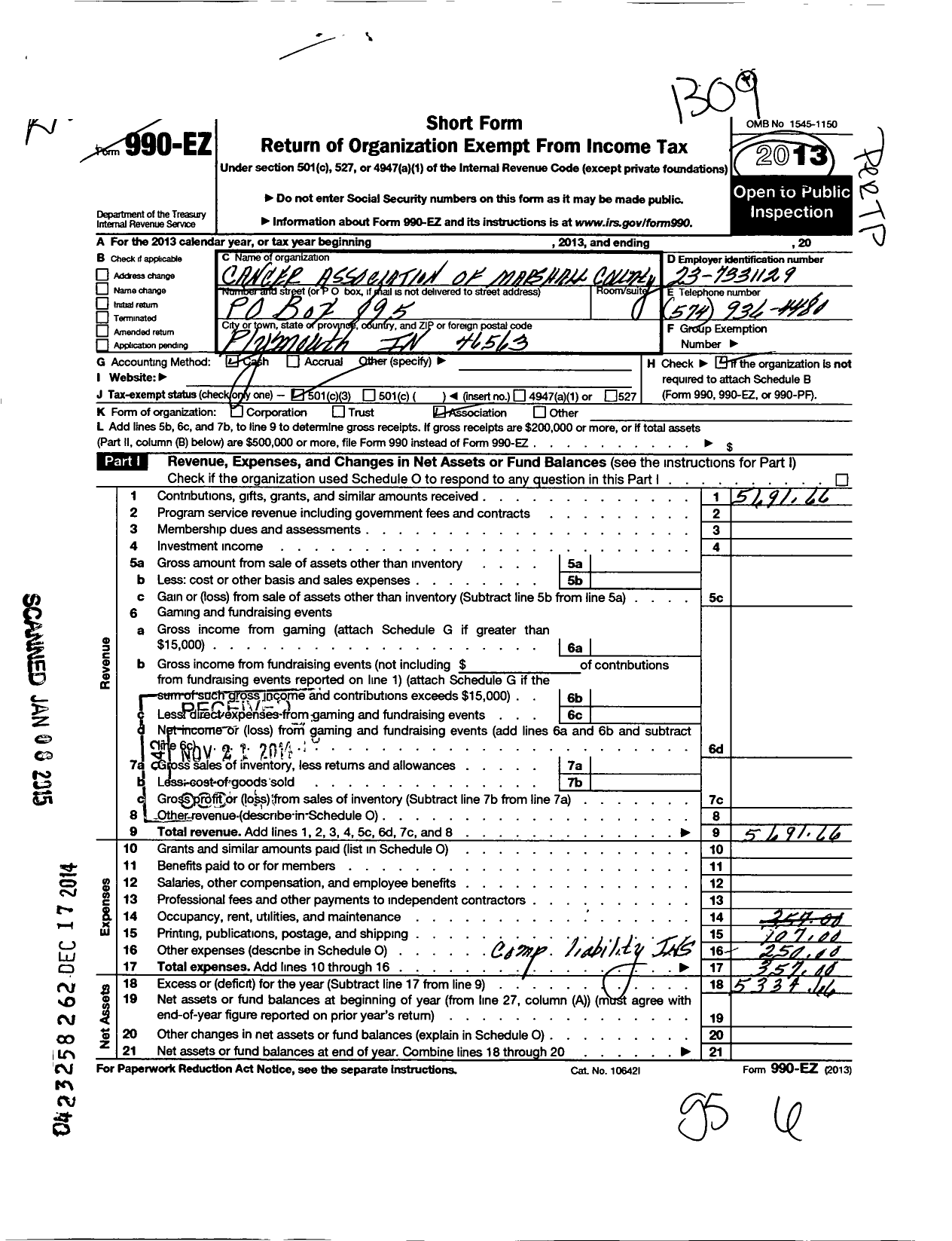 Image of first page of 2012 Form 990EZ for Cancer Association of Marshall County