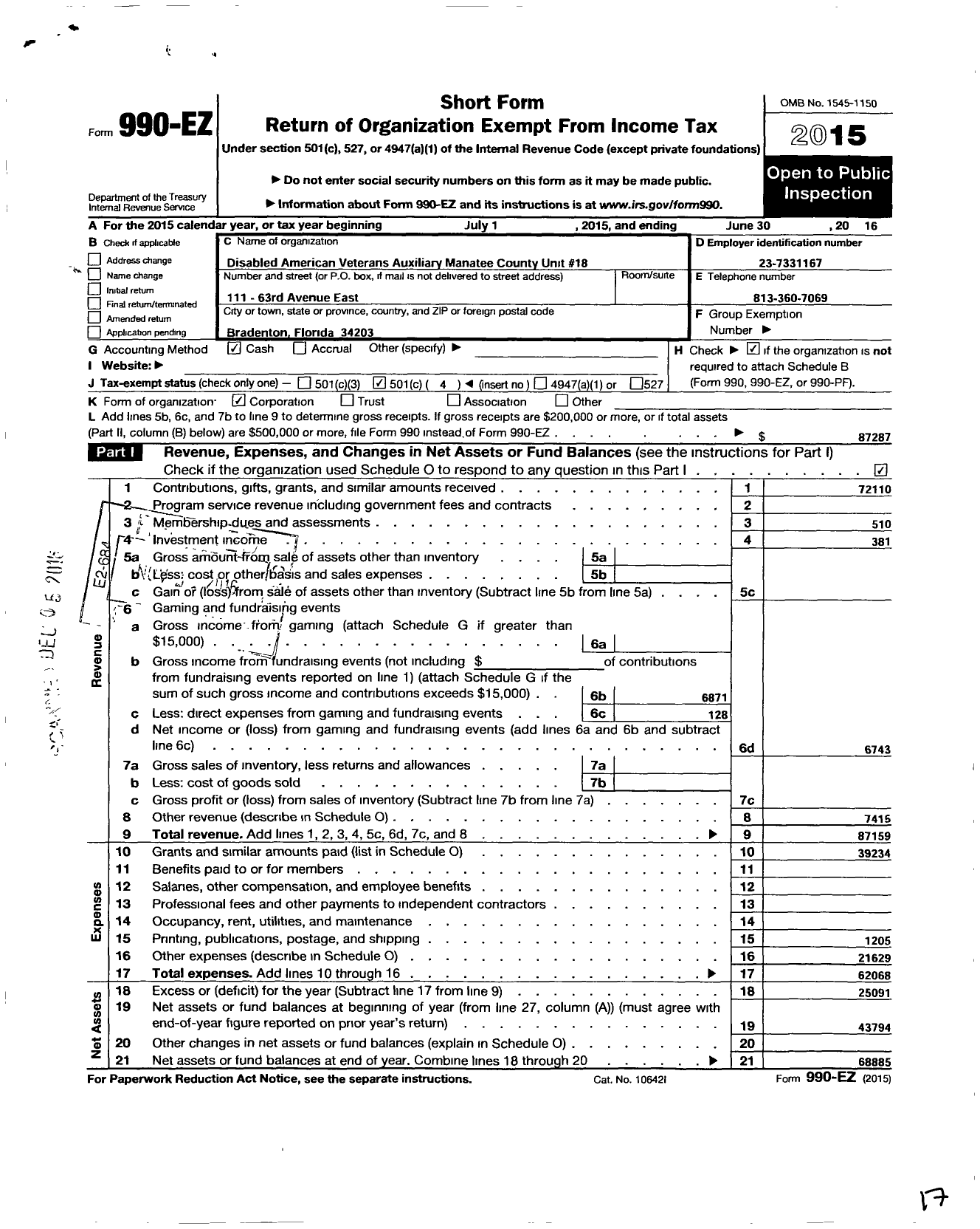 Image of first page of 2015 Form 990EO for Disabled American Veterans Auxiliary - 18 Manatee County