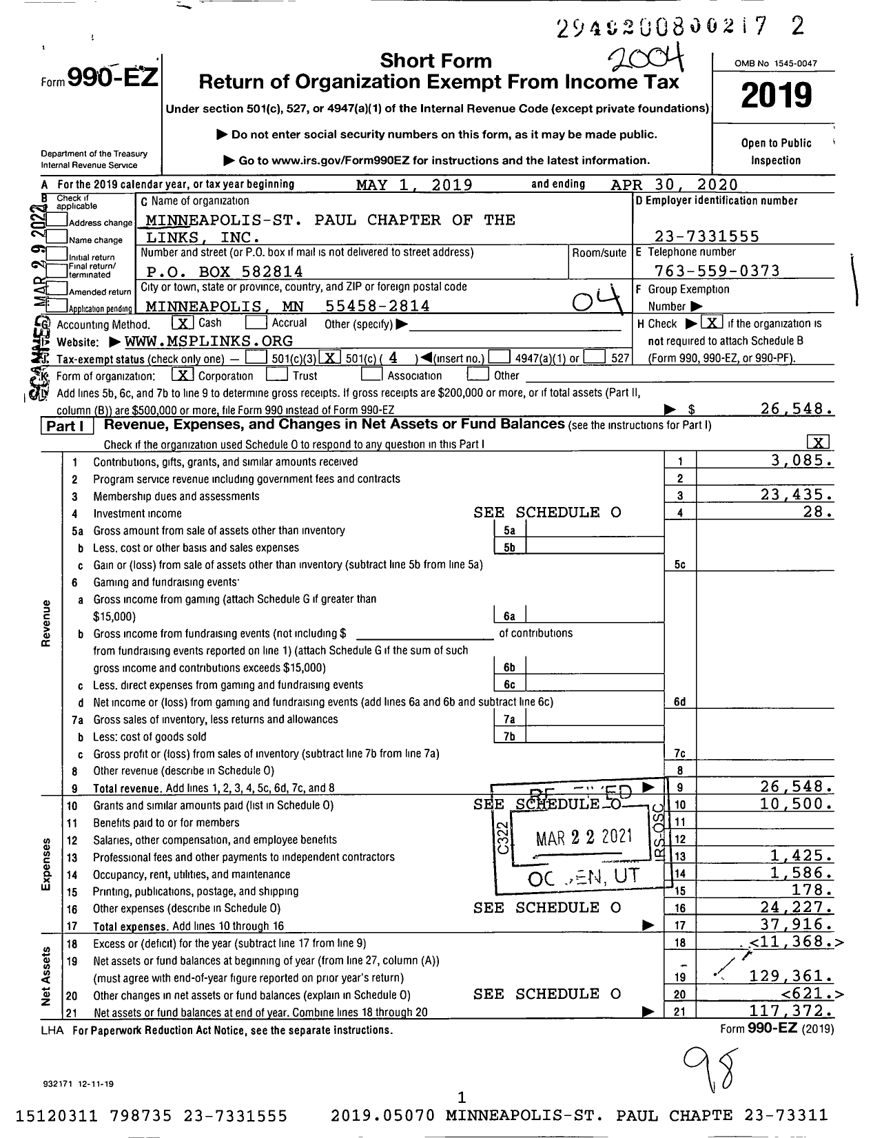 Image of first page of 2019 Form 990EO for Minneapolis-St Paul Chapter of the Links