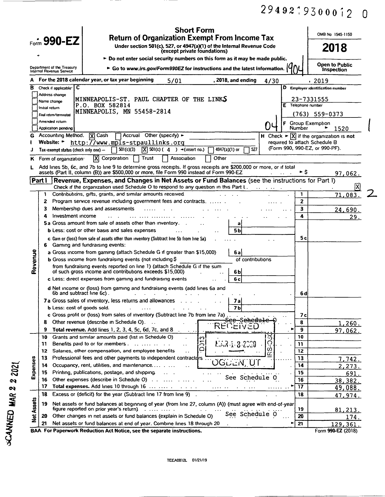 Image of first page of 2018 Form 990EO for Minneapolis-St Paul Chapter of the Links