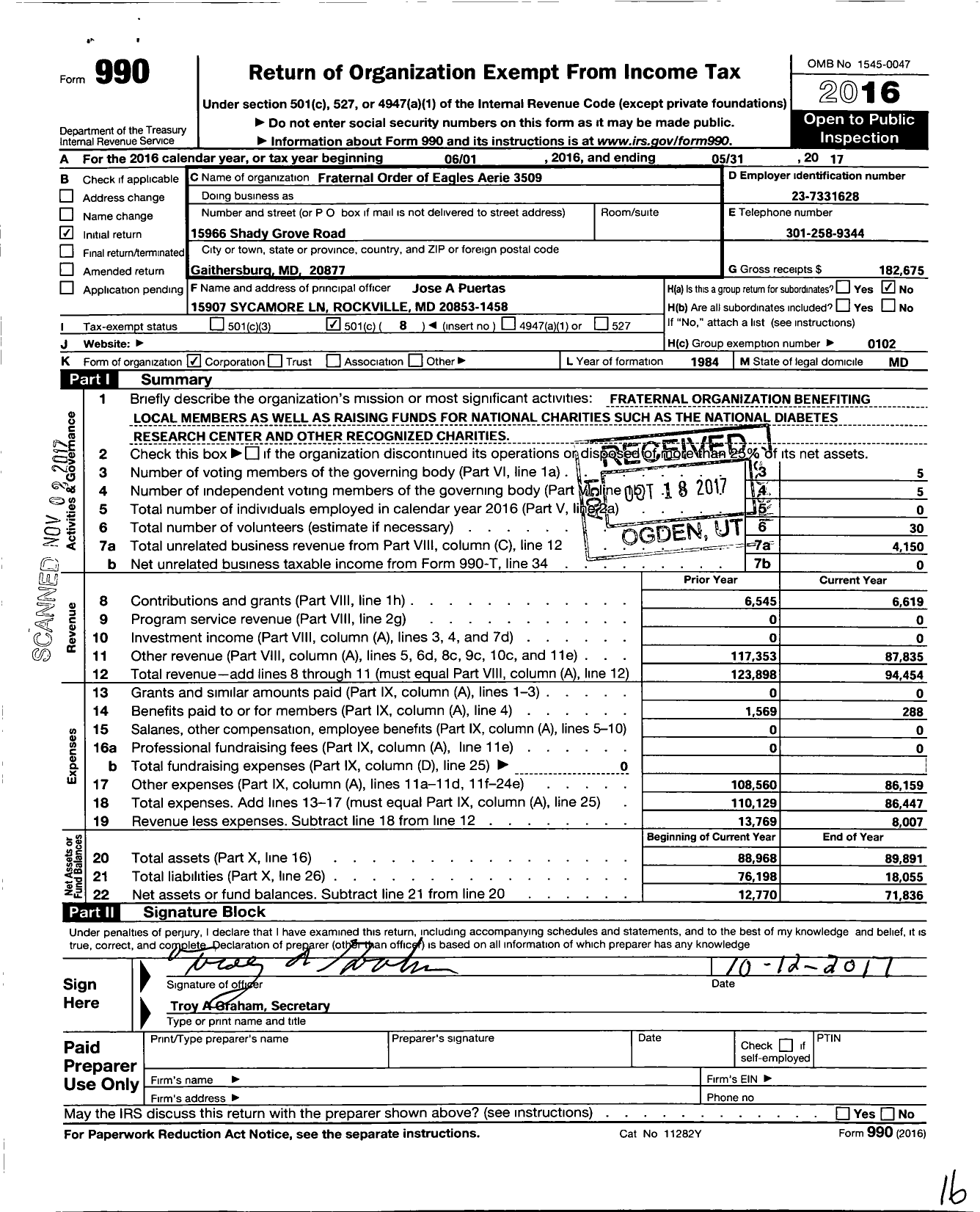 Image of first page of 2016 Form 990O for FRATERNAL ORDER OF EAGLES - 3509 Aerie