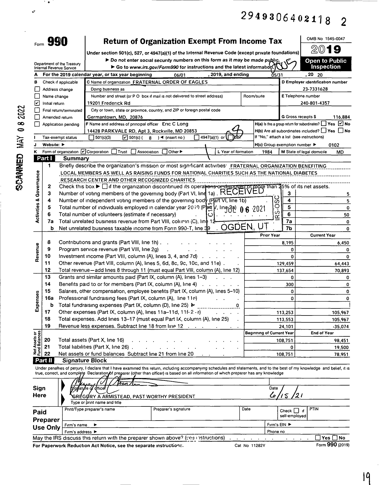 Image of first page of 2019 Form 990O for FRATERNAL ORDER OF EAGLES - 3509 Aerie