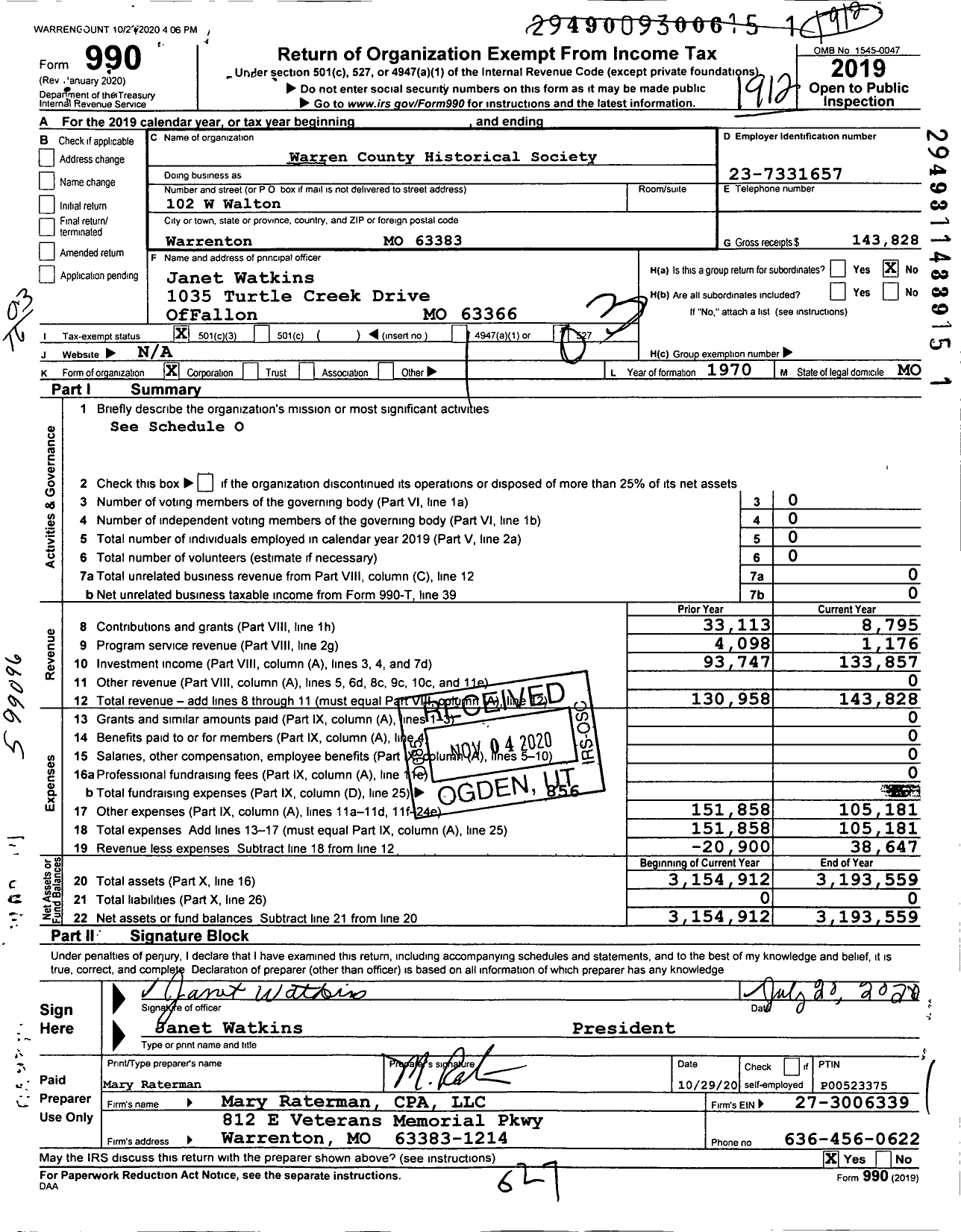 Image of first page of 2019 Form 990 for Warren County Historical Society