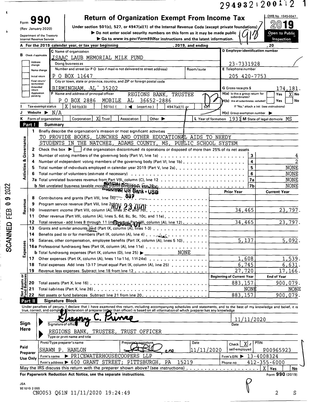 Image of first page of 2019 Form 990 for Isaac Laub Memorial Milk Fund