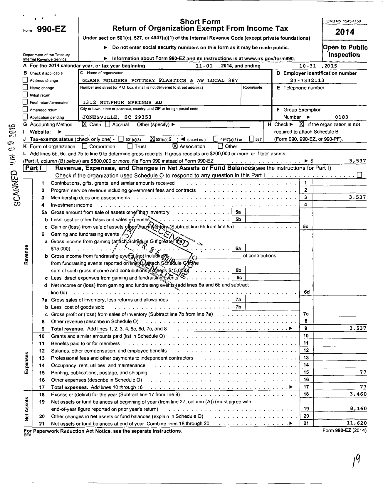 Image of first page of 2014 Form 990EO for United Steelworkers - 00387m Local