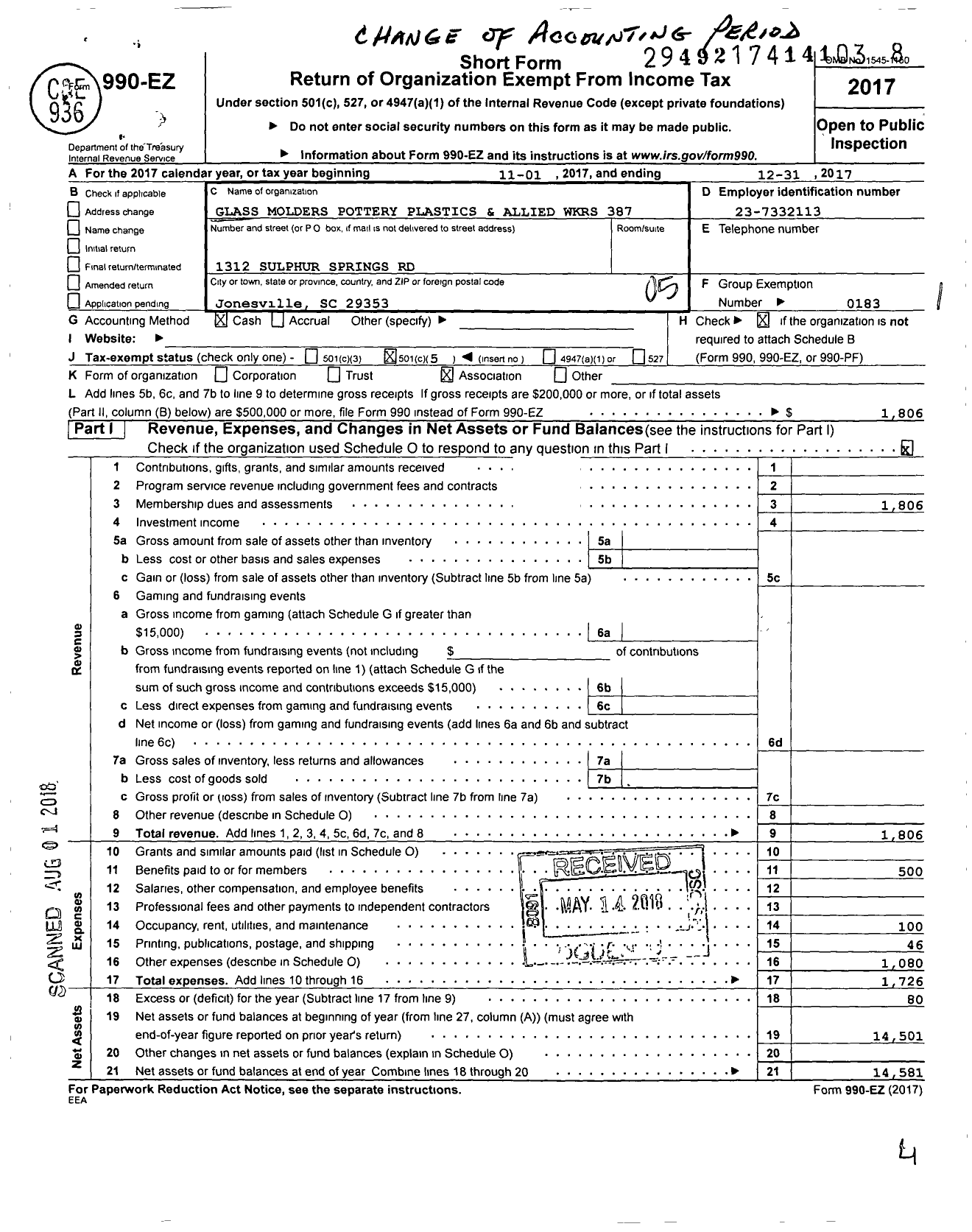 Image of first page of 2017 Form 990EO for United Steelworkers - 00387m Local