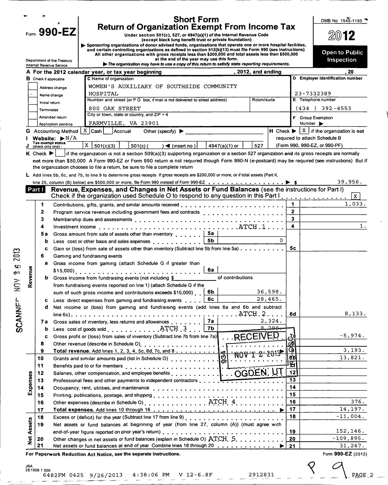 Image of first page of 2012 Form 990EZ for Auxiliary of the Southside Community Hospital