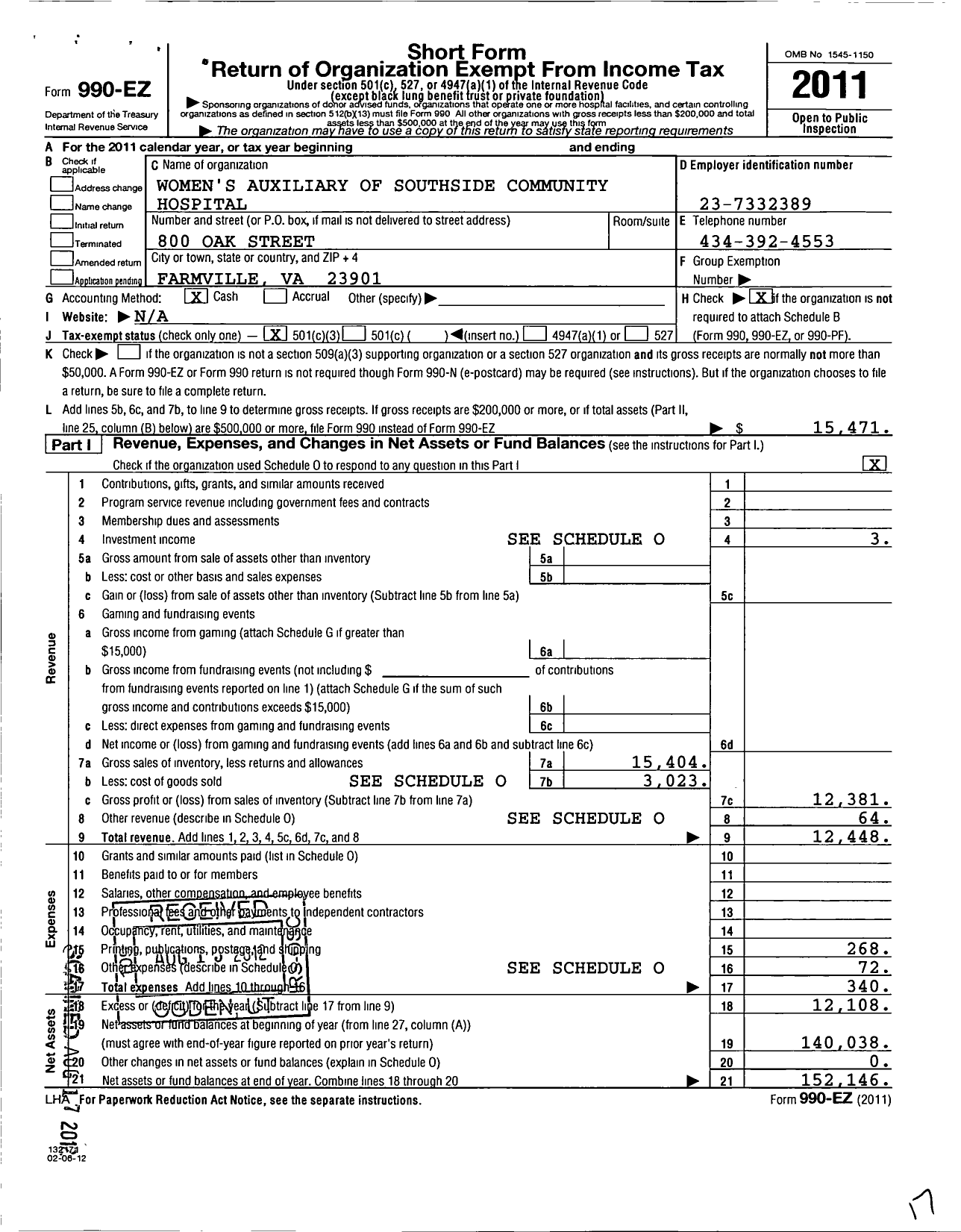 Image of first page of 2011 Form 990EZ for Auxiliary of the Southside Community Hospital