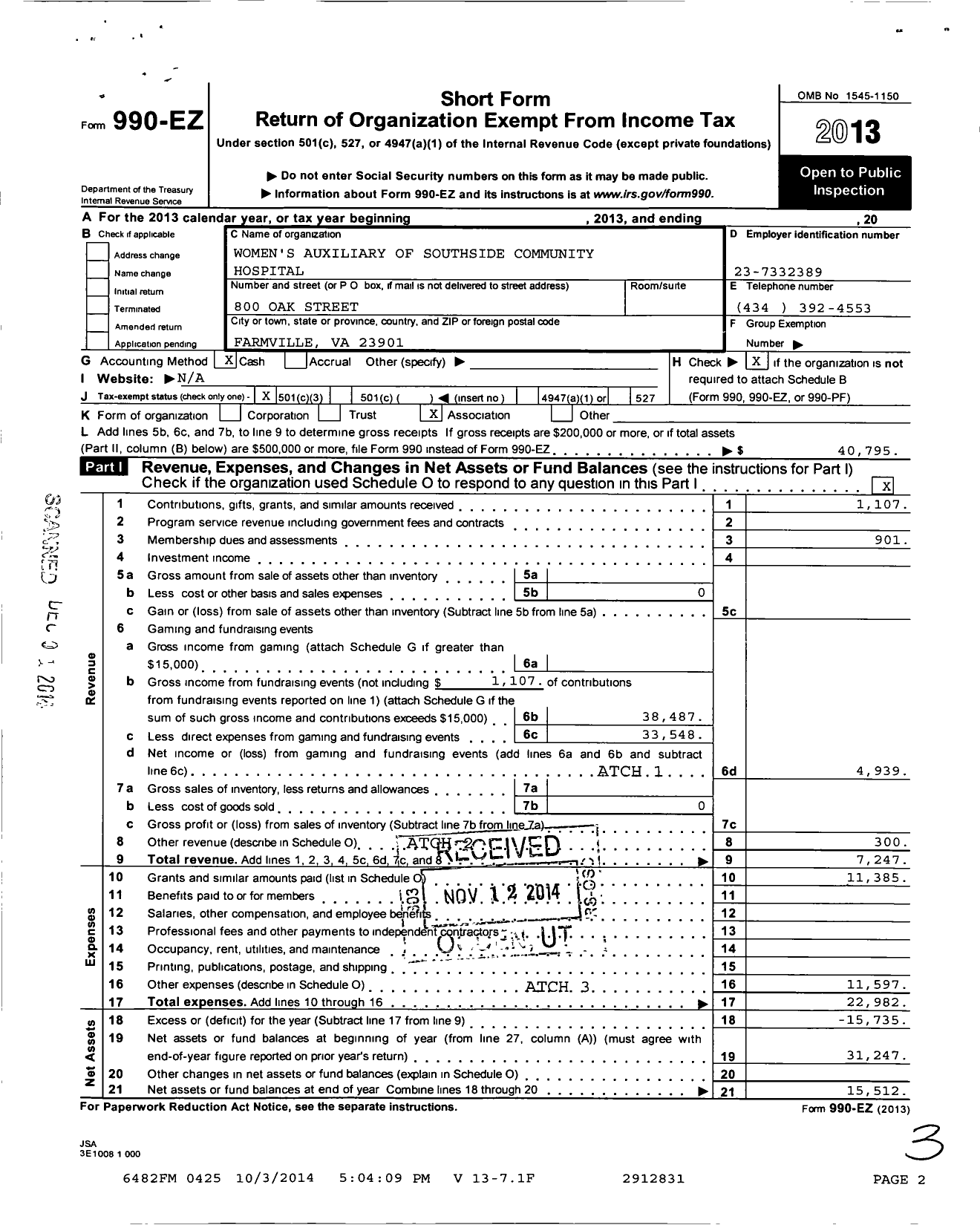 Image of first page of 2013 Form 990EZ for Auxiliary of the Southside Community Hospital