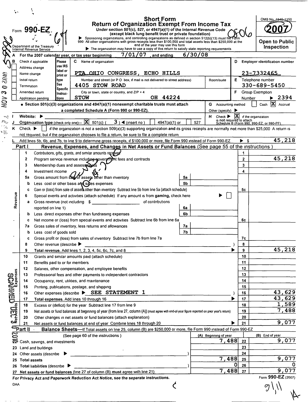 Image of first page of 2007 Form 990EZ for PTA Ohio Congress / Echo Hills