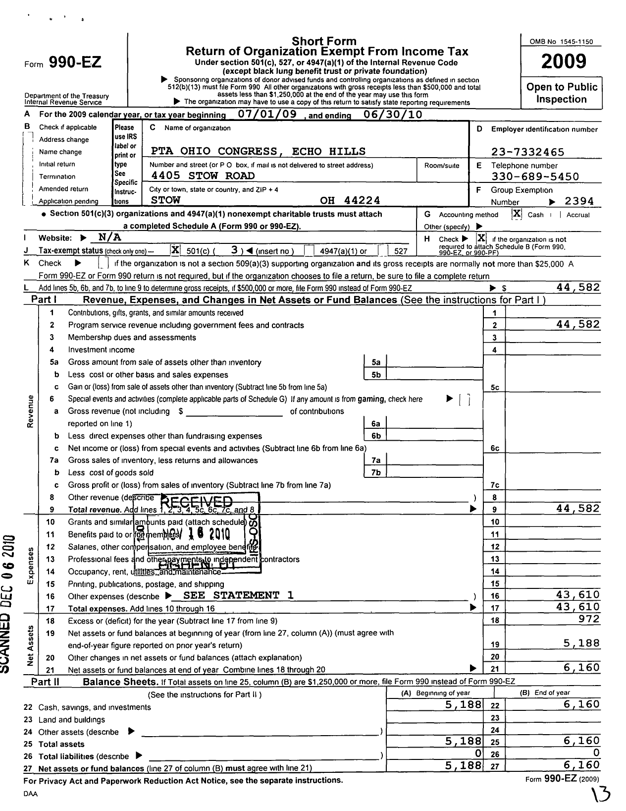 Image of first page of 2009 Form 990EZ for PTA Ohio Congress / Echo Hills