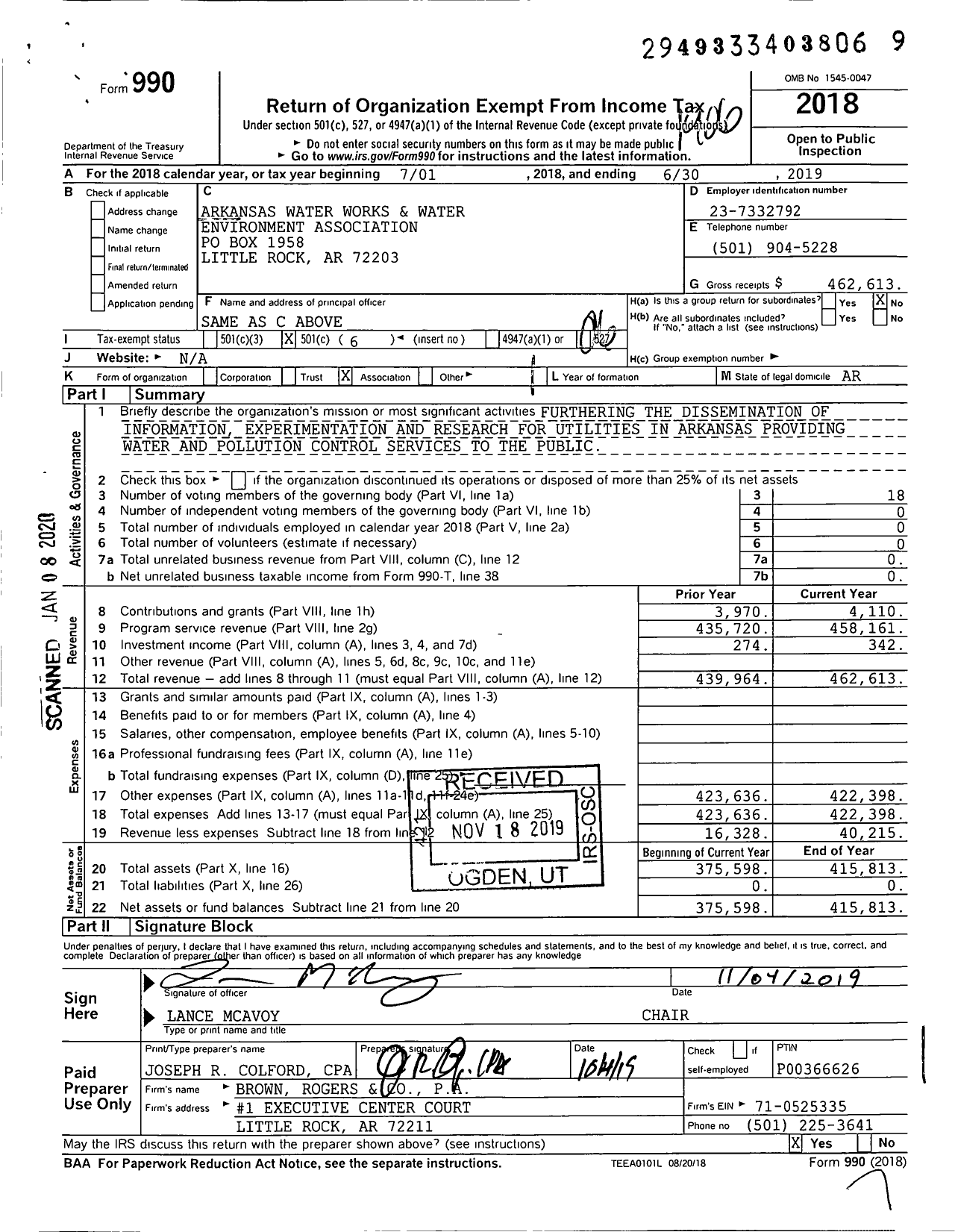 Image of first page of 2018 Form 990O for Arkansas Water Works and Water Environment Association