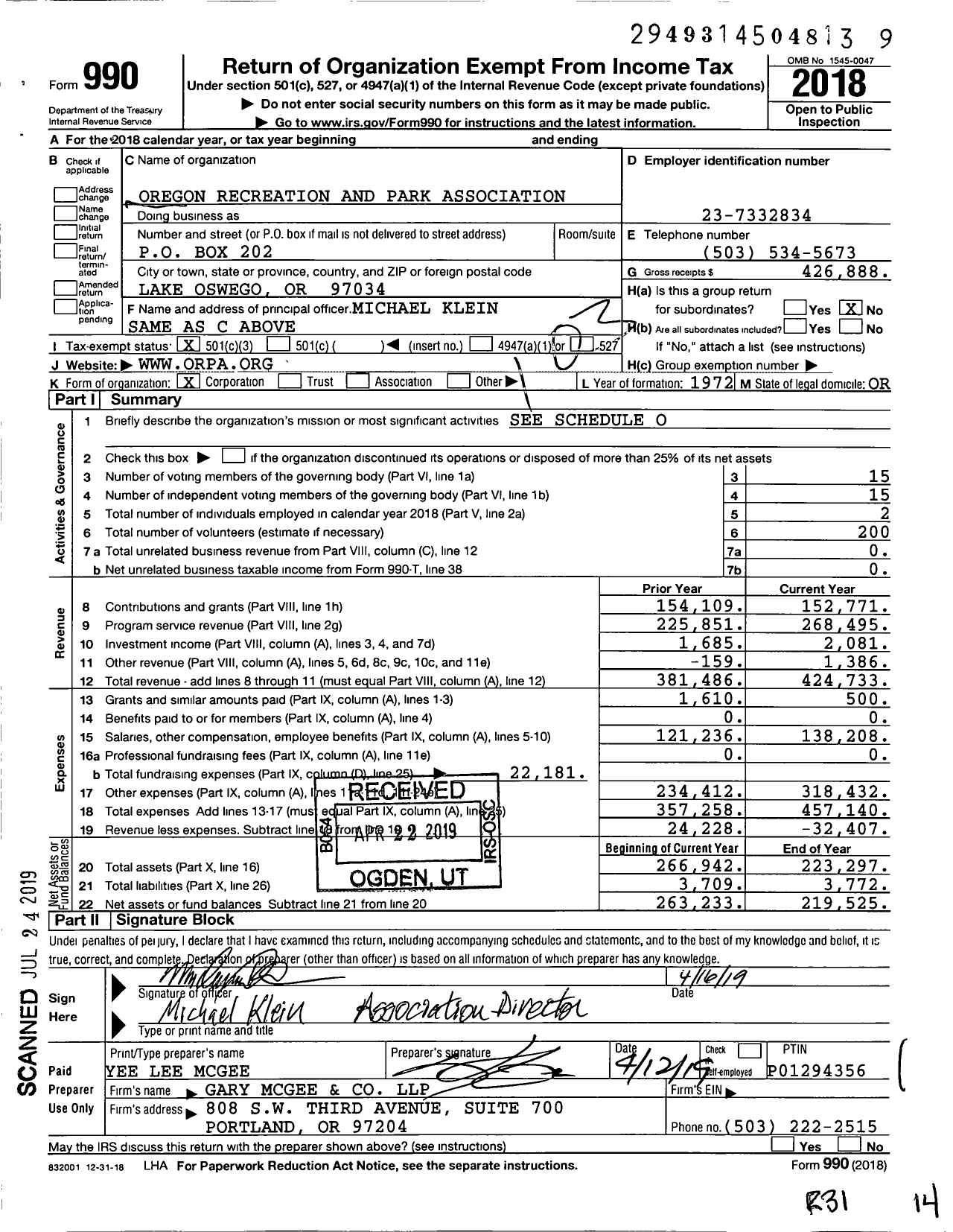 Image of first page of 2018 Form 990 for Oregon Recreation and Park Association