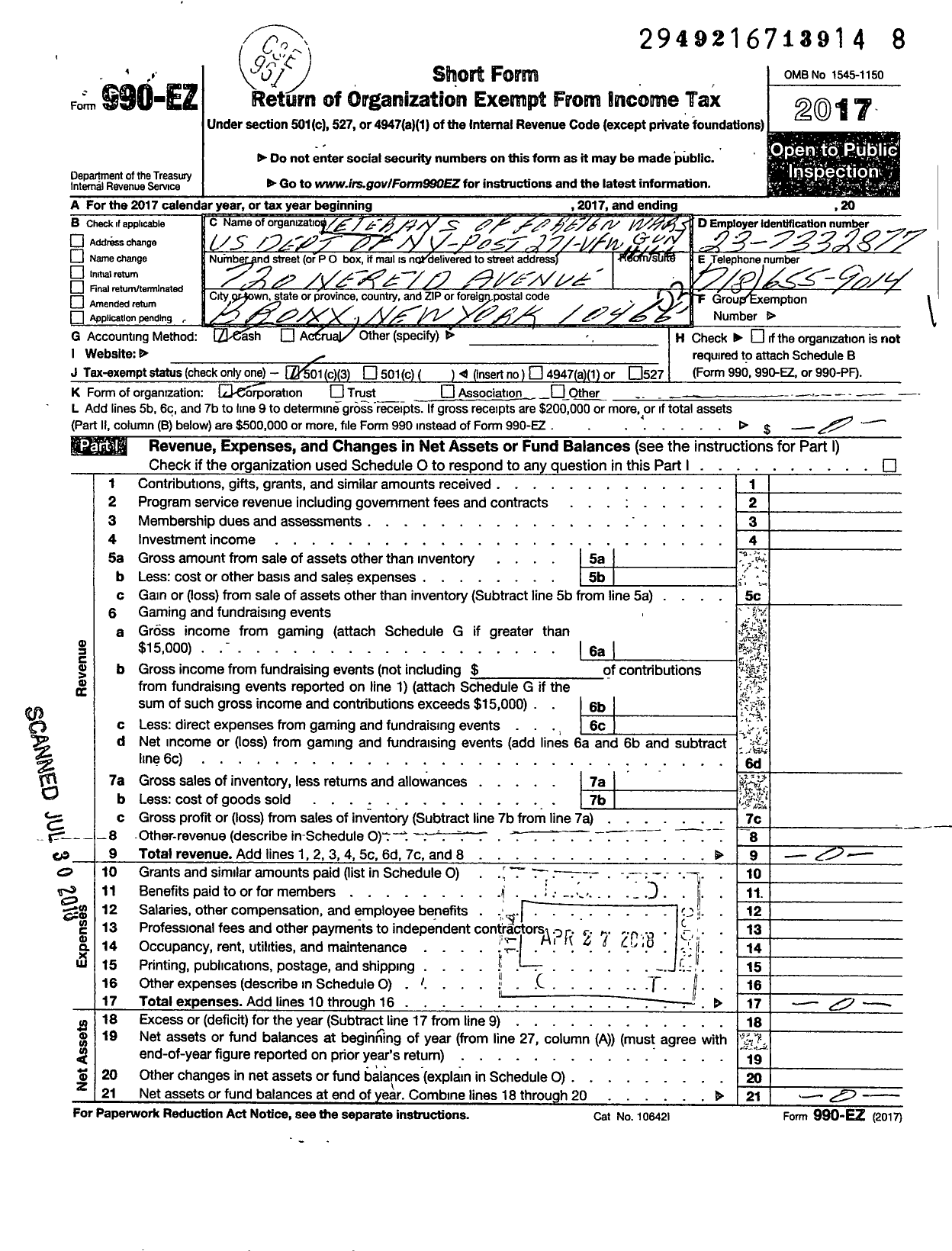 Image of first page of 2017 Form 990EZ for Department of Ny VFW - 271 Vfw-Ny Gun Hill