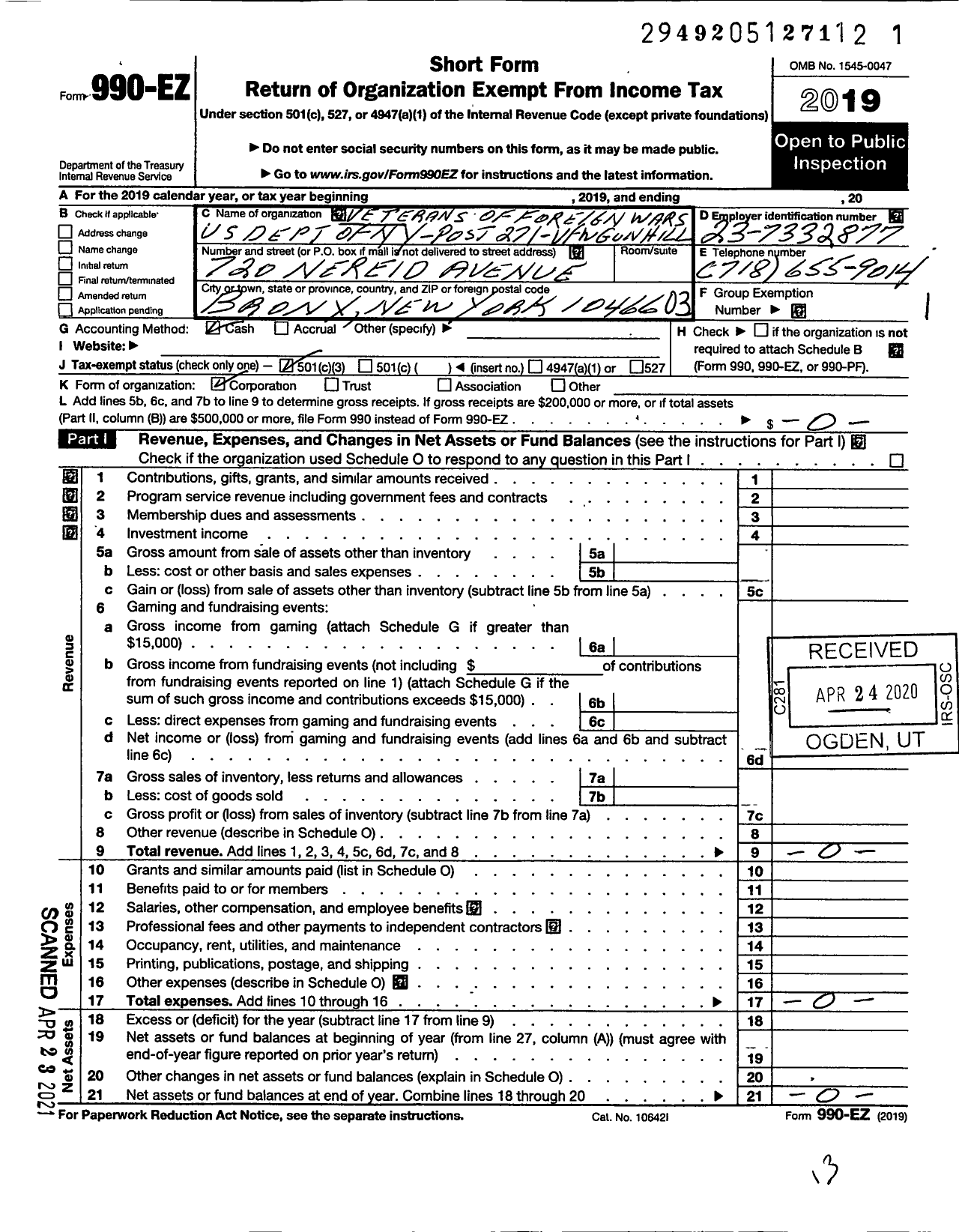 Image of first page of 2019 Form 990EZ for Department of Ny VFW - 271 Vfw-Ny Gun Hill