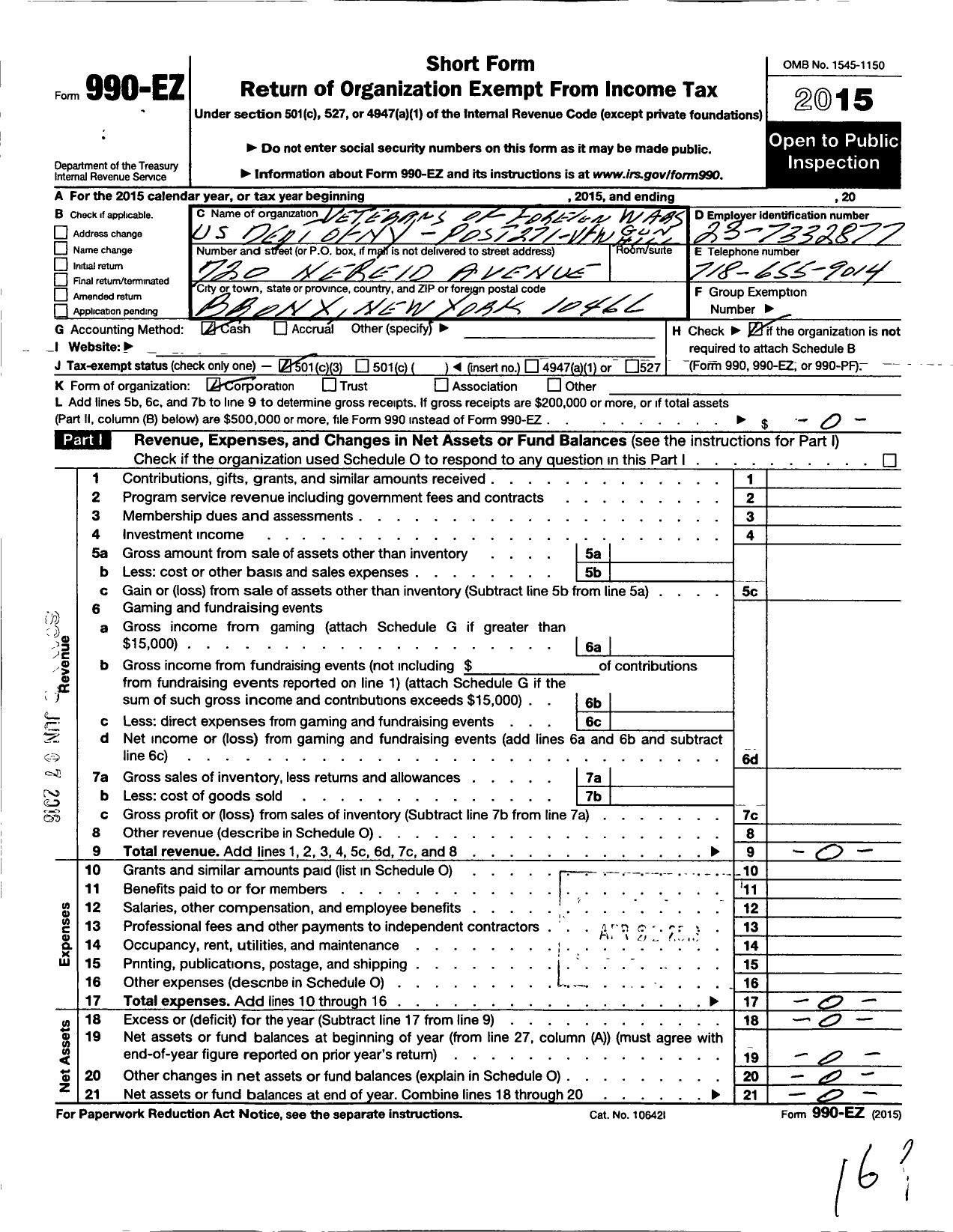 Image of first page of 2015 Form 990EZ for Department of Ny VFW - 271 Vfw-Ny Gun Hill