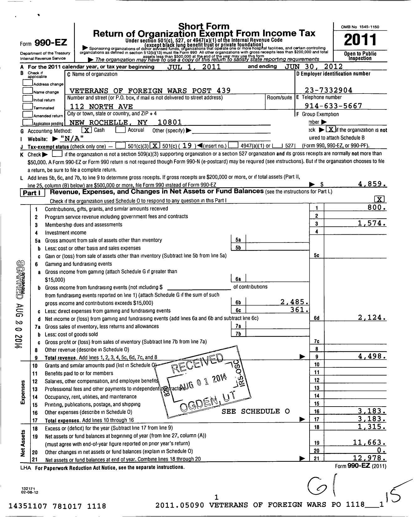 Image of first page of 2011 Form 990EO for Veterans of Foreign Wars of the United States Dept of New York / 439 Vfw-Ny New Rochelle