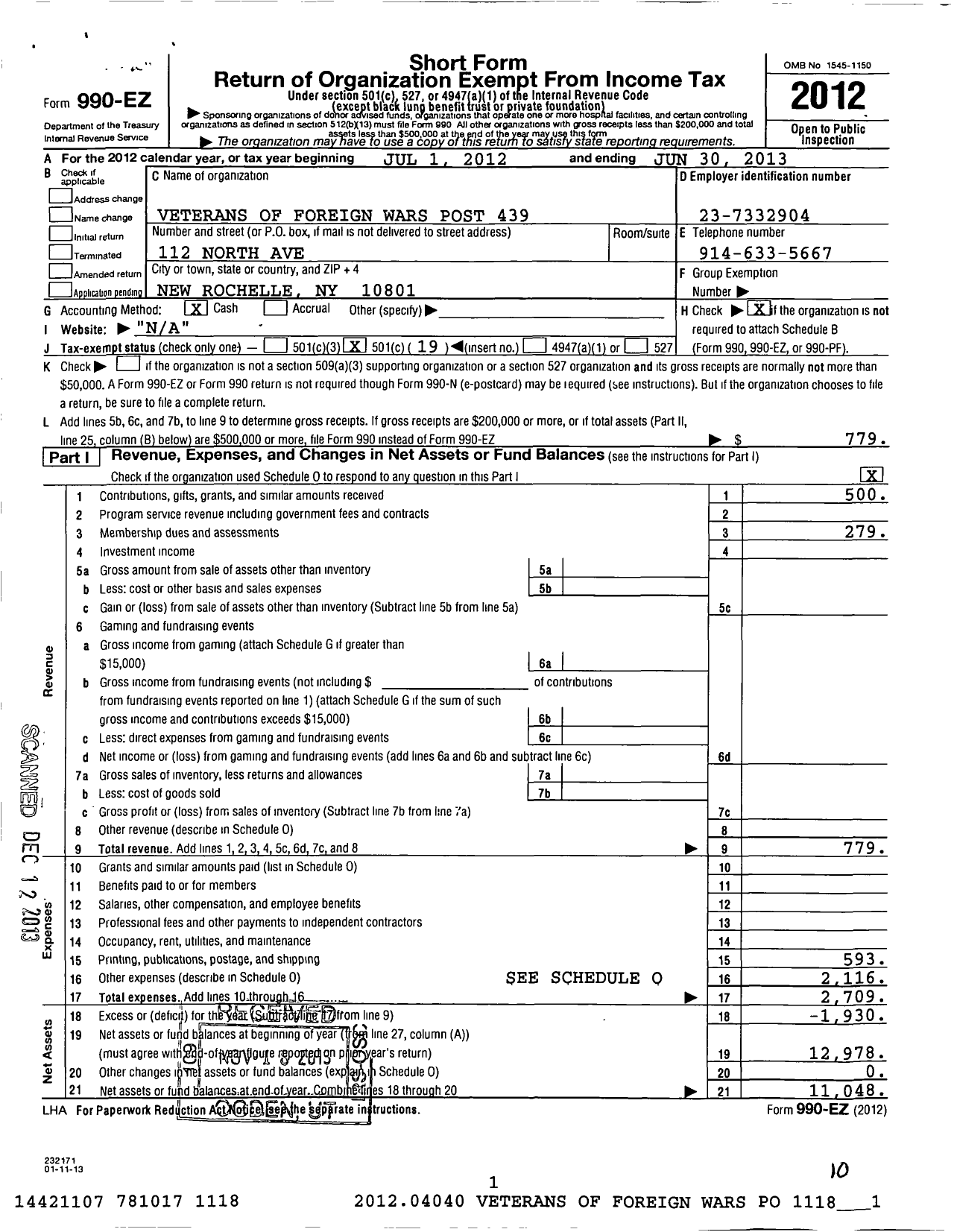 Image of first page of 2012 Form 990EO for Veterans of Foreign Wars of the United States Dept of New York / 439 Vfw-Ny New Rochelle