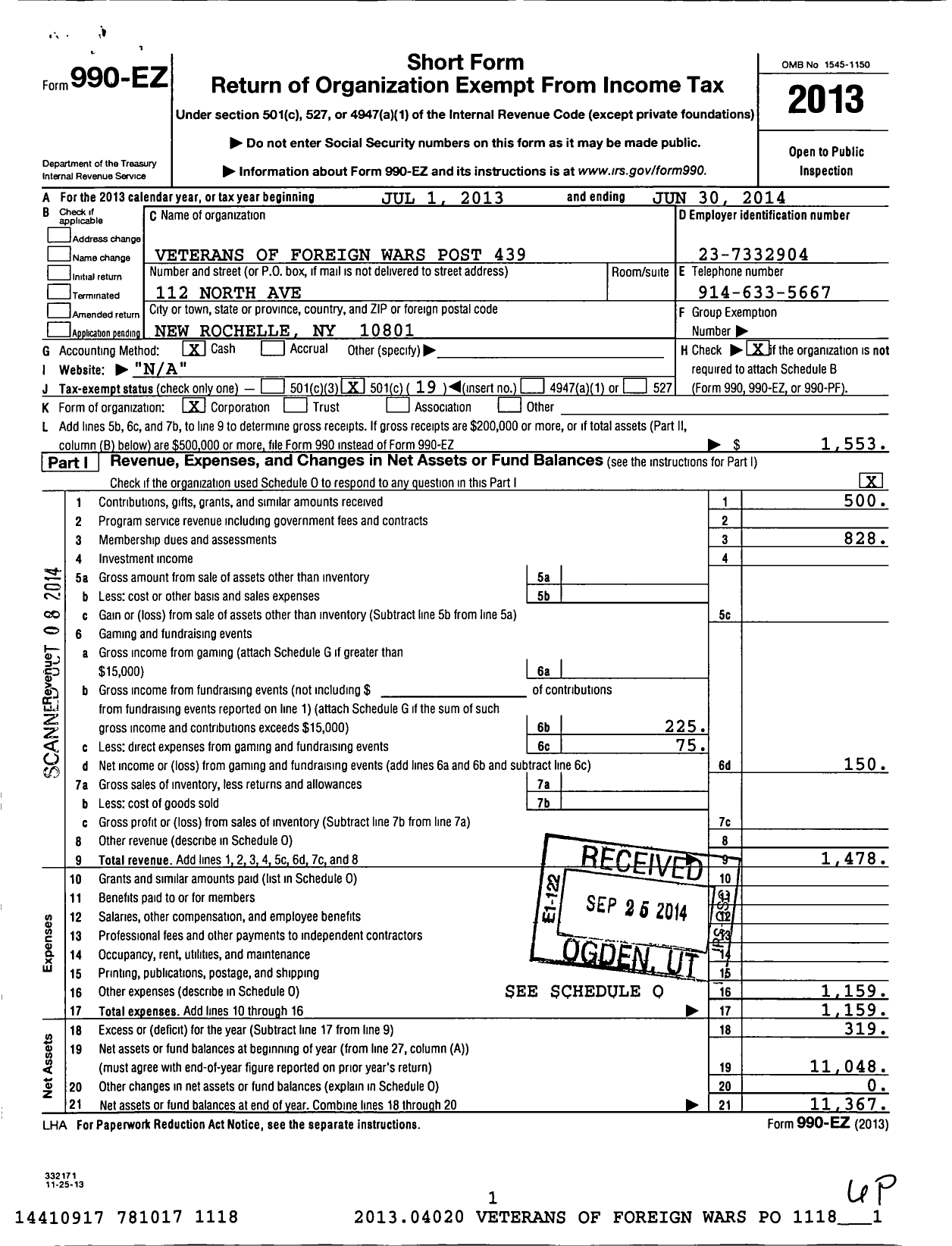 Image of first page of 2013 Form 990EO for Veterans of Foreign Wars of the United States Dept of New York / 439 Vfw-Ny New Rochelle