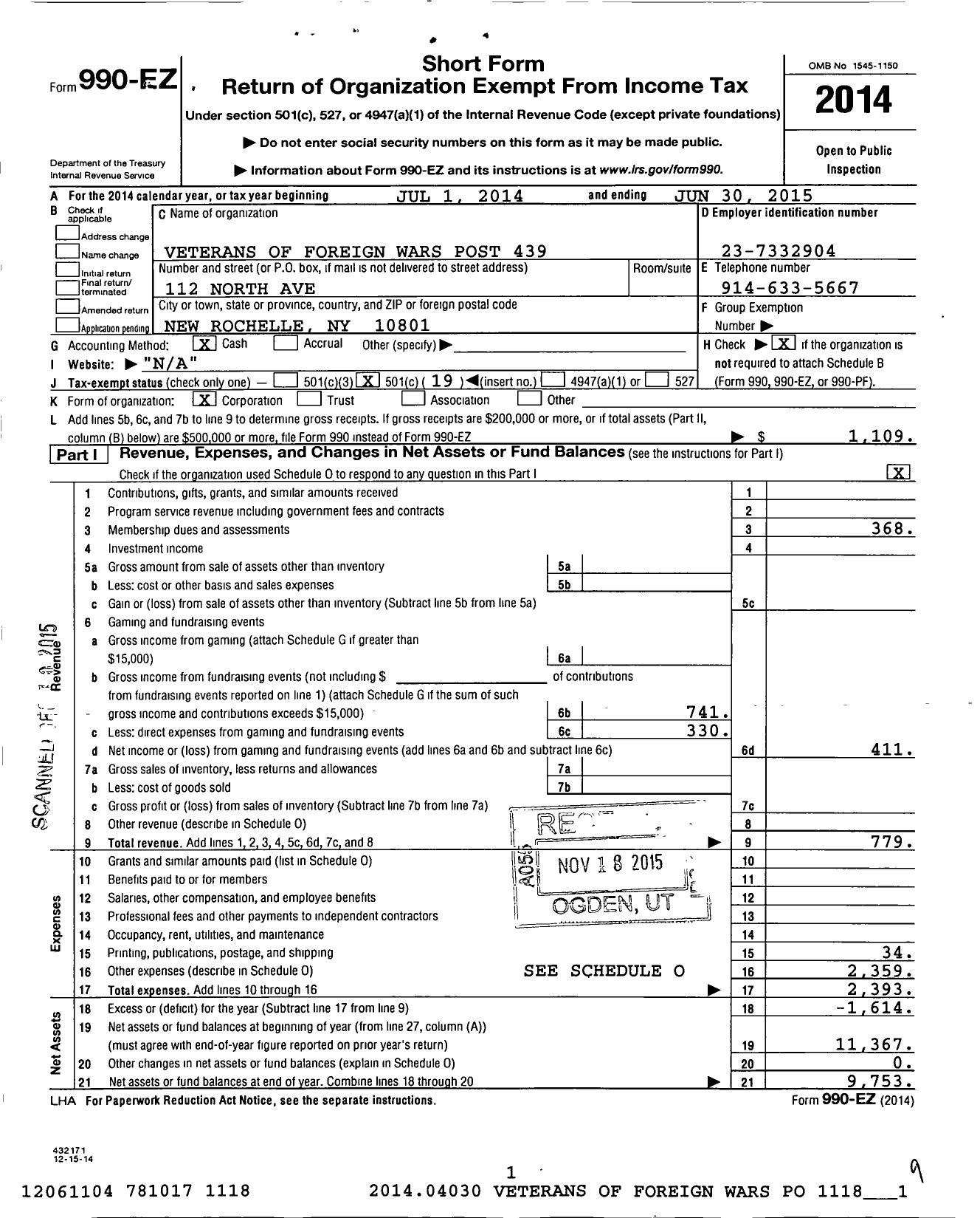 Image of first page of 2014 Form 990EO for Veterans of Foreign Wars of the United States Dept of New York / 439 Vfw-Ny New Rochelle