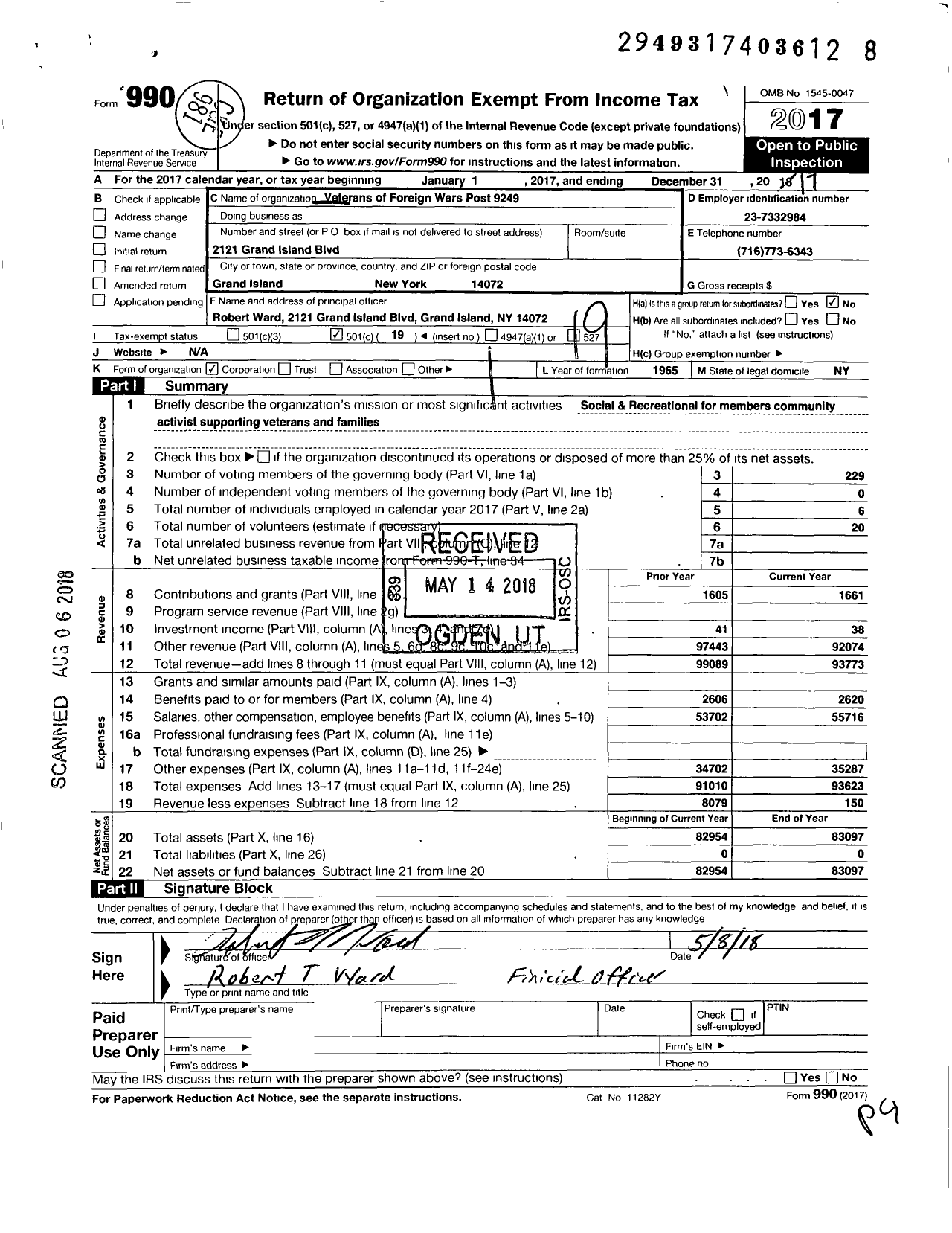 Image of first page of 2017 Form 990O for Department OF Ny VFW - 9249 Vfw-Ny