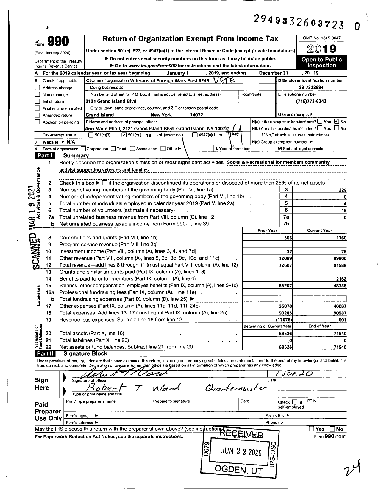 Image of first page of 2019 Form 990O for Department OF Ny VFW - 9249 Vfw-Ny