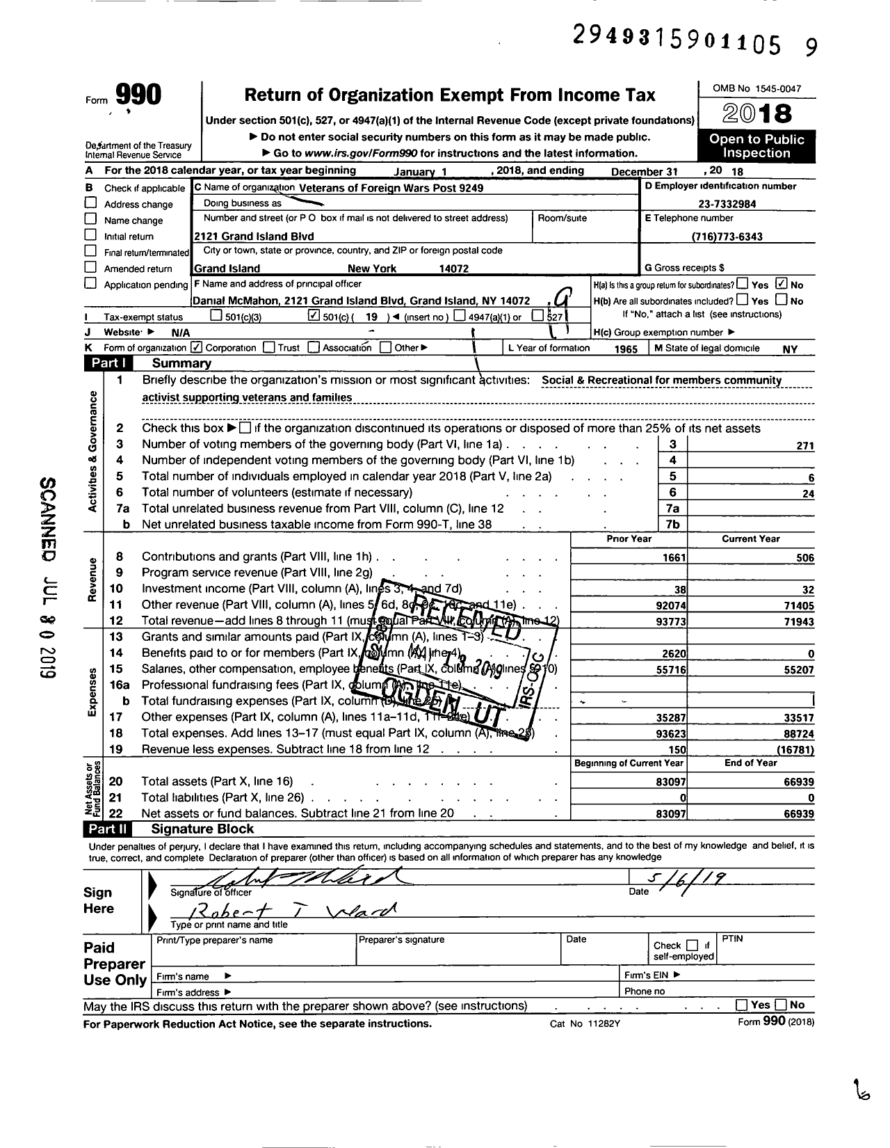 Image of first page of 2018 Form 990O for Department OF Ny VFW - 9249 Vfw-Ny