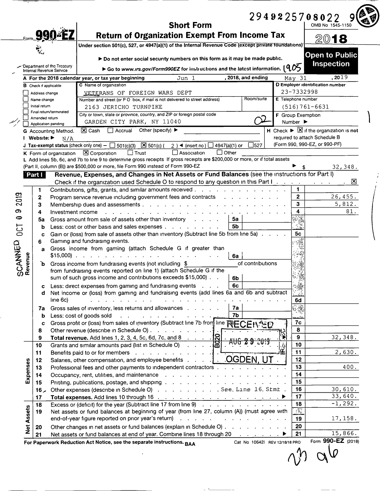 Image of first page of 2018 Form 990EO for Department of Ny VFW - 120 Garden City Park Post