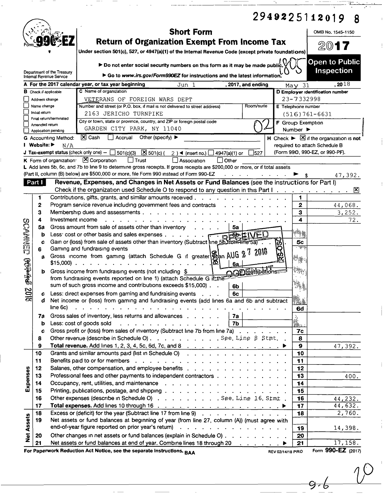 Image of first page of 2017 Form 990EO for Department of Ny VFW - 120 Garden City Park Post