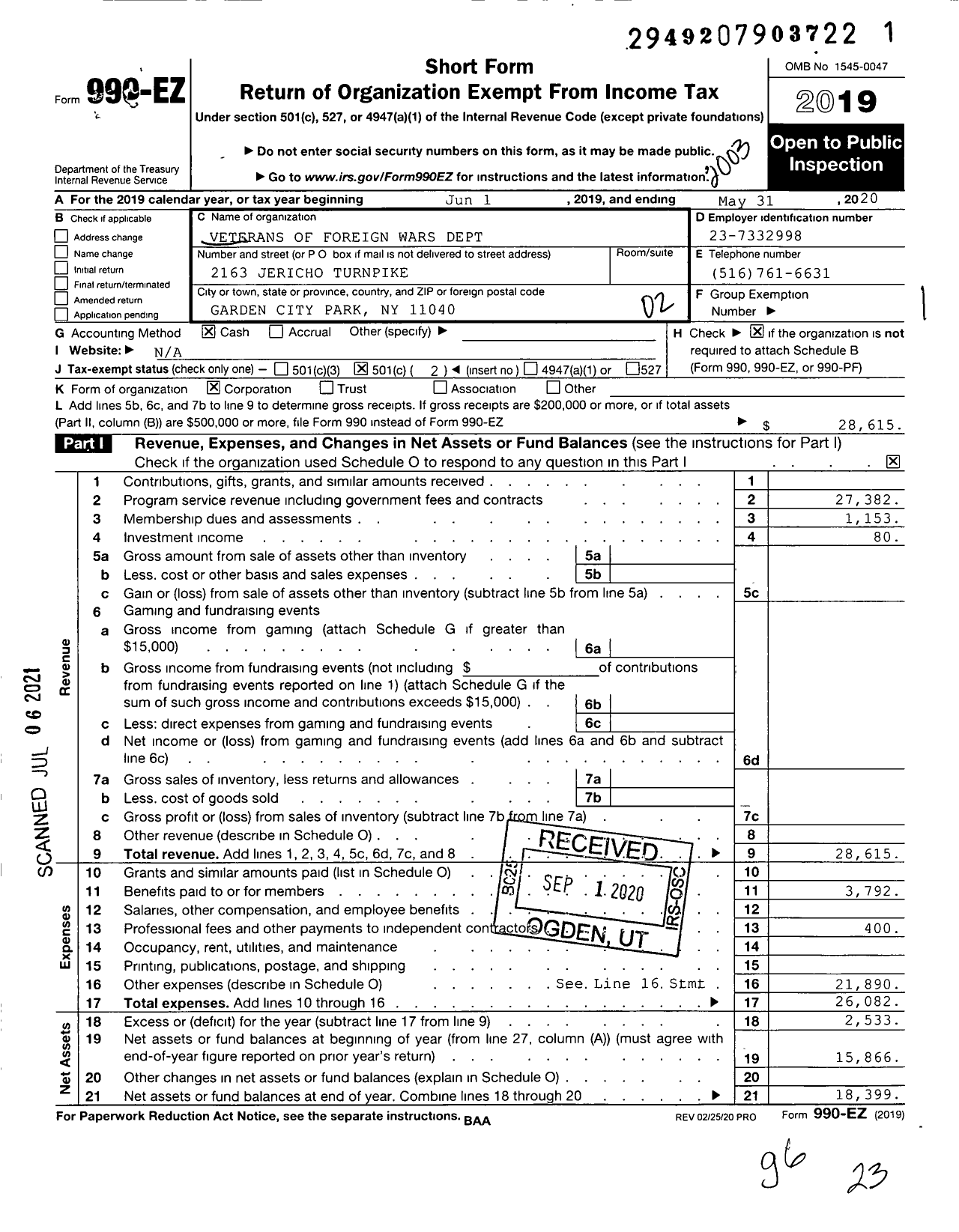 Image of first page of 2019 Form 990EO for Department of Ny VFW - 120 Garden City Park Post