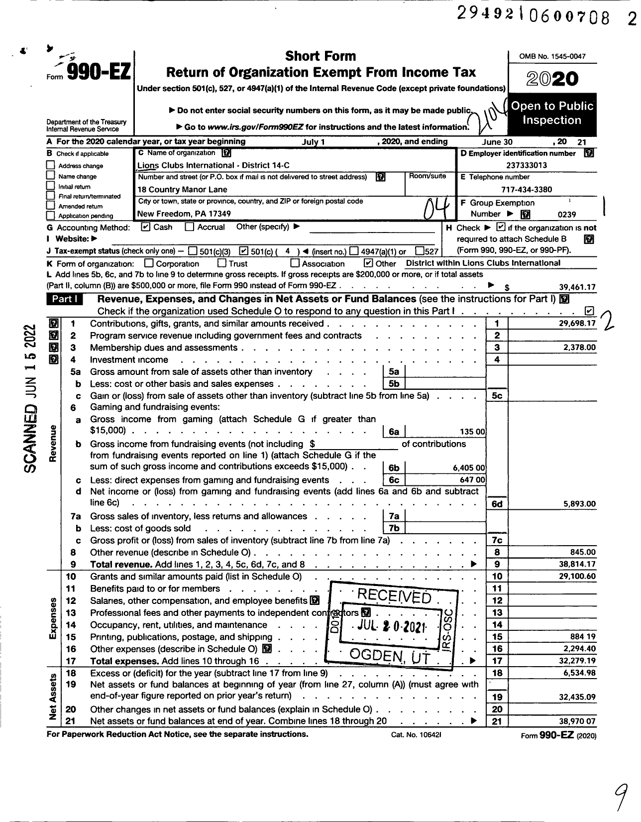 Image of first page of 2020 Form 990EO for Lions Clubs - 65654 14 C District