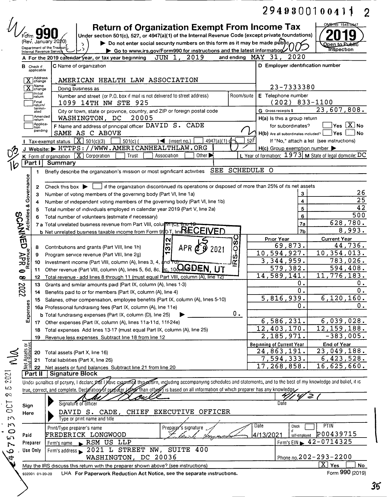 Image of first page of 2019 Form 990 for American Health Lawyers Association (AHLA)