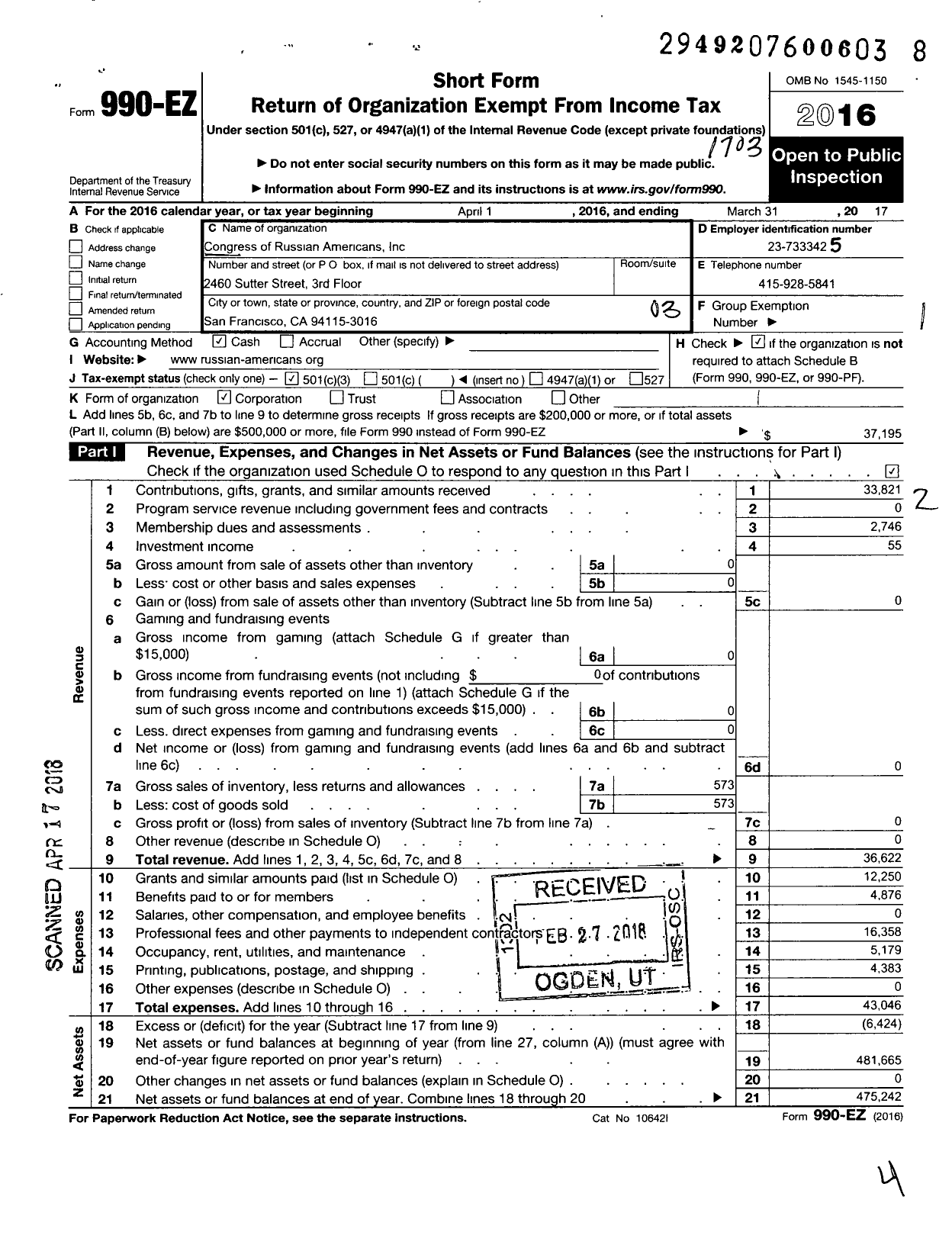 Image of first page of 2016 Form 990EZ for Congress of Russian Americans